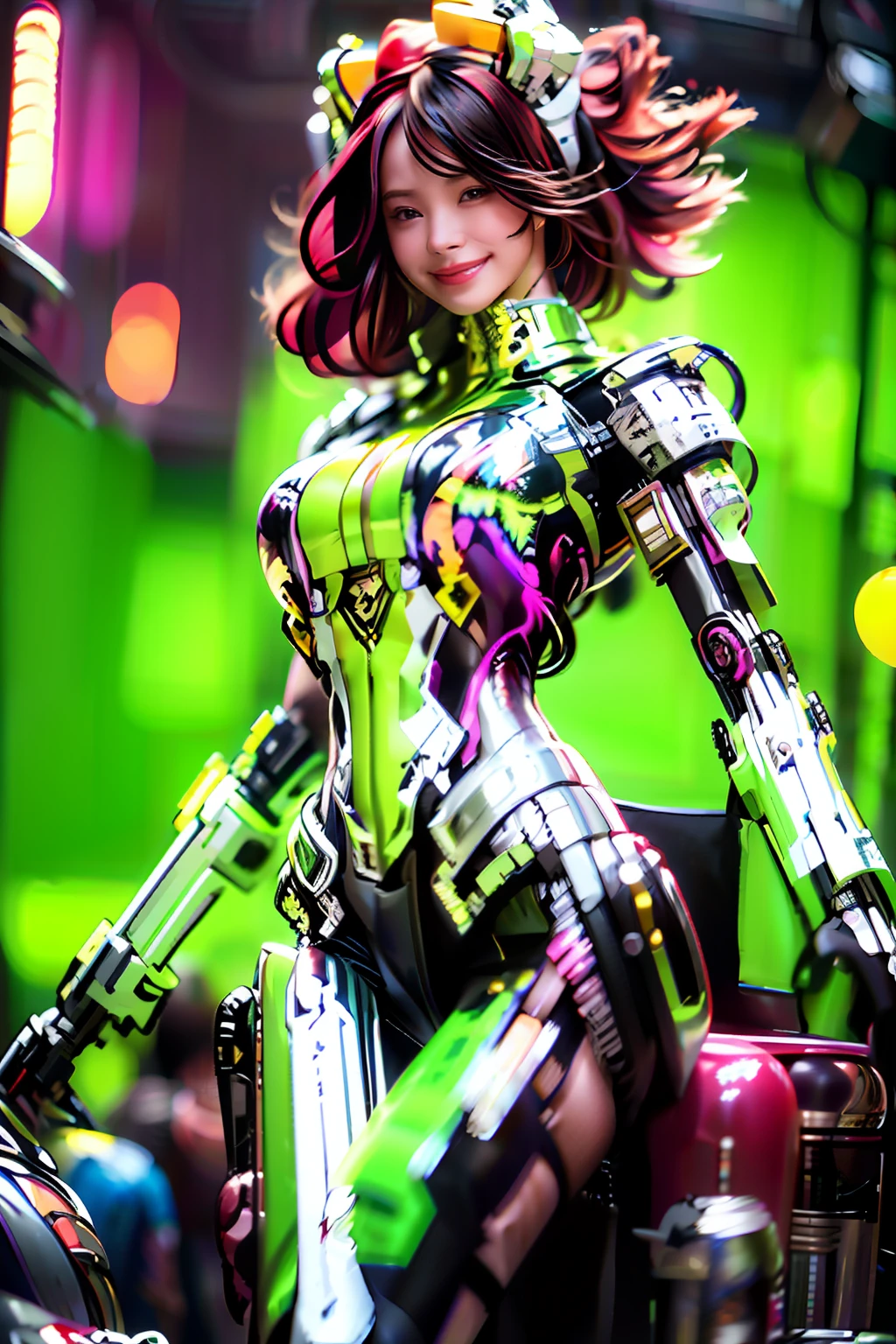 Best quality, masterpiece, ultra high res, raw photo, beautiful and aesthetic,deep shadow, dark theme,(photorealistic:1.4),
(1girl, smile, (black hair with bangs, hair ornament),black ThighHighs), mecha,full silver armor:1.2, cyborg,
Graceful poise, evocative atmosphere, magnetic presence, refined seduction, captivating mystique,
Intricate zentangle patterns, a single female figure, astonishing level of detail, generously endowed, striking perspective, a chaotic masterpiece, gracefully poised, inspired by brutalist architecture, vibrant color palette, undertones,
(outdoors cyberpunk city)