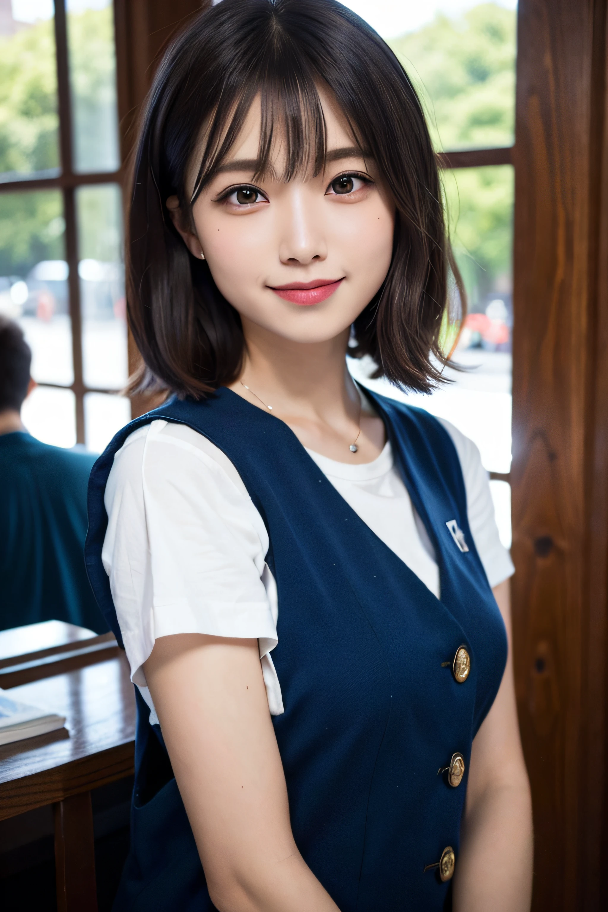 (((Medium hair))), Top Quality, 8K, HDR, Hi-Res, Absurdity: 1.2, Photography, (RAW Photos: 1.2), (Photorealistic: 1.4), (Masterpiece: 1.3), (Complex Details: 1.2), 1 Girl, Solo, Japan girls, Delicate and beautiful details, (Detailed eyes), (Detailed facial features), Petite, (Small breasts))), Toned Skin, ( looking_at_viewer), from_front, (Skinny), (Best Quality: 1.4), (Ultra High Definition: 1.2), Cinemalite, (Extreme Detail Illustration), (Lip Gloss, Best Quality, Ultra High Resolution, Depth of Field, Caustics, Broad Lighting, Natural Shading, 85mm, f / 1.4, ISO 200, 1/160 sec: 0.75), 1 girl, solo, ((blue vest))) smile, uniform, necklace, fashionable café: 1.3, black neat and clean clothes, Nogizaka idol, gravure idol, beauty