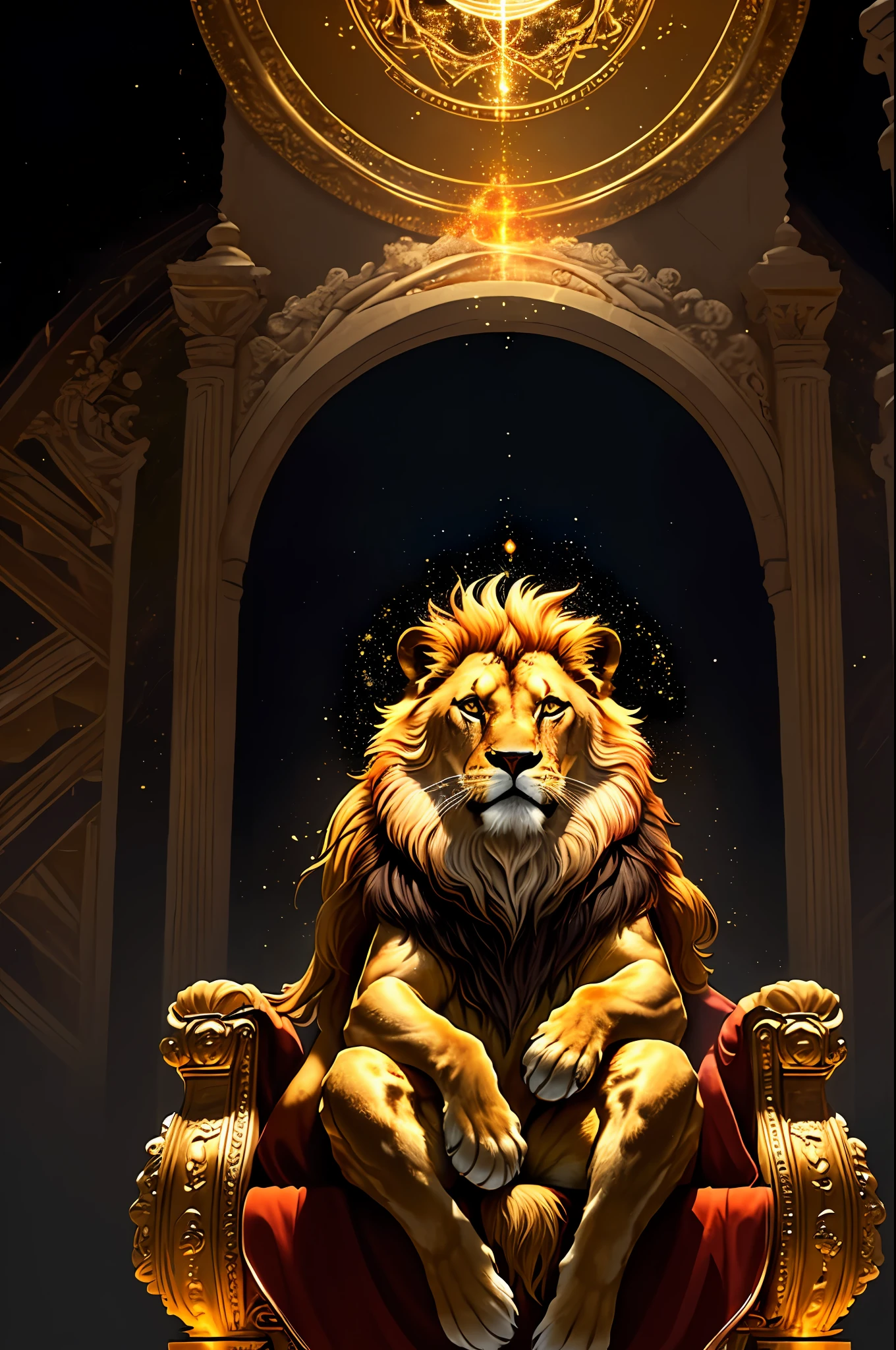 An royale King Lion full boby, background galaxy, magic 3D, full resolution style RTX with flaming eyes sitting on a throne, captured through Photography with a 35mm lens. Inspired by the artistry of National Geographic photographers, the scene portrays the majestic lion, regal and powerful. The color temperature is warm, with golden hues highlighting the lion's magnificence. The lion's eyes burn with intense flames, emanating a sense of authority and dominance. The lighting casts dramatic shadows, creating a captivating atmosphere, symmetrical, full boby, big angle, rtx, bobybuilder