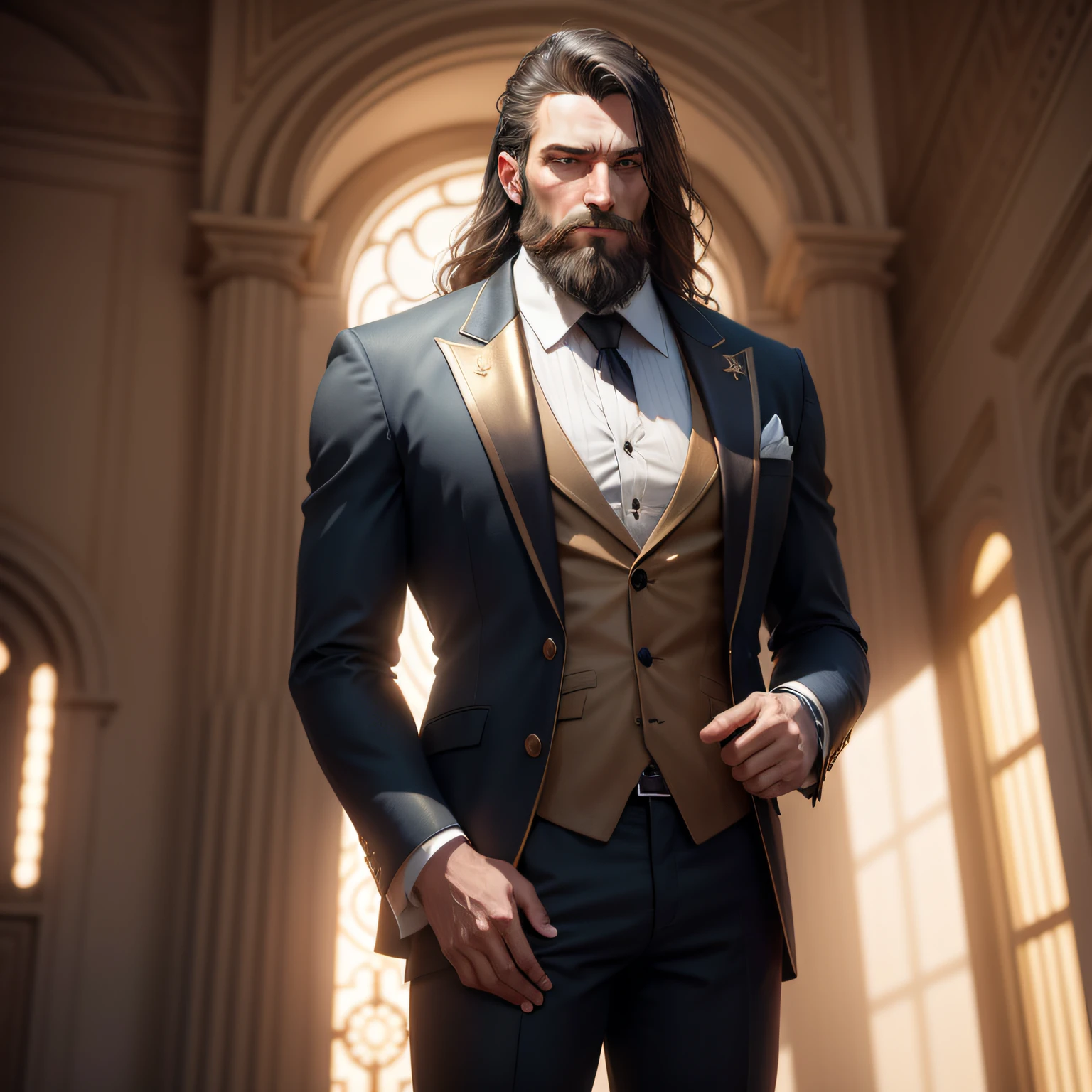 /imagine prompt: 175 tall, with a small beard and a suit on the nose of an airplane ,Full of righteousness, Golden ratio, Unreal Engine, high resolution, Renaissance