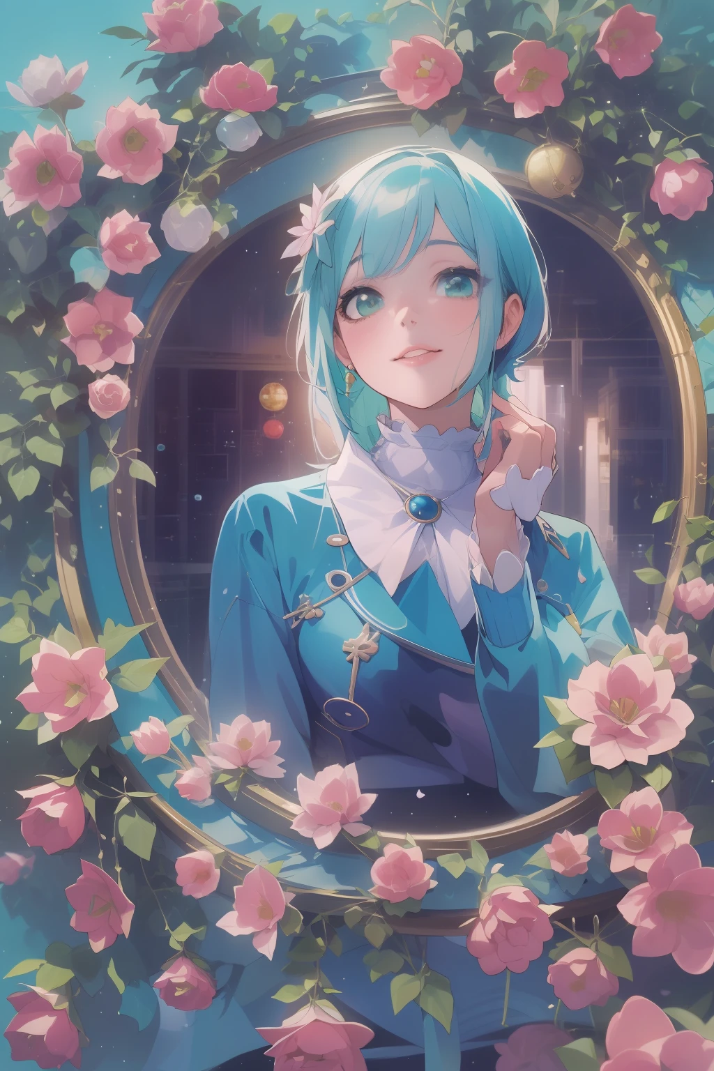 Cool、urbane、art-deco、Photographic portrait of a beautiful woman, Sony α7, 35mm lens, F1.8、((Konmutsuki_gacha_series1, punk_rosette))), Cute girl, aqua color flowers, (full bodyesbian), elegant flowers background, Realistic photo, Beautiful woman, Beautiful girl, Beautiful background, Charming girls, Realistic 3D style, photo realistic render