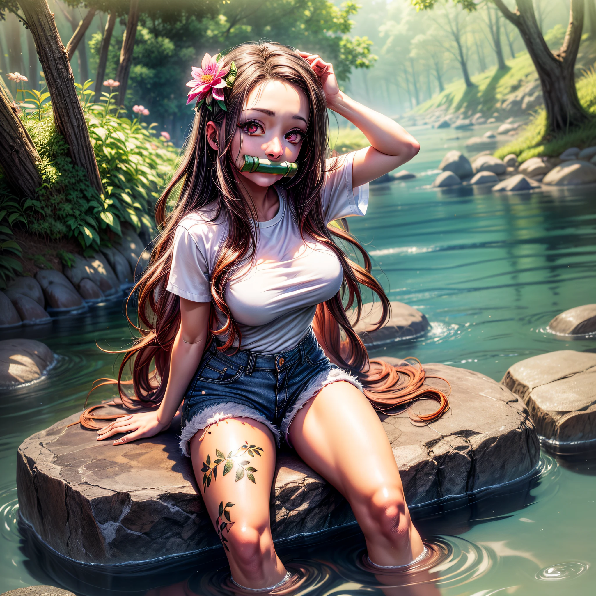((masterpiece):1.3),((best quality):1,3), CG, anime, ((kamado nezuko)), ((full body)), (1girl, medium breasts, white shirt and denim shorts, bamboo, gag, brown hair, big gag, gagged, gradient hair, hair ribbon, long hair, looking at viewer, multicolored hair, orange hair, ((pink eyes)),branched flower tattoo on leg, sitting on a rock by a river