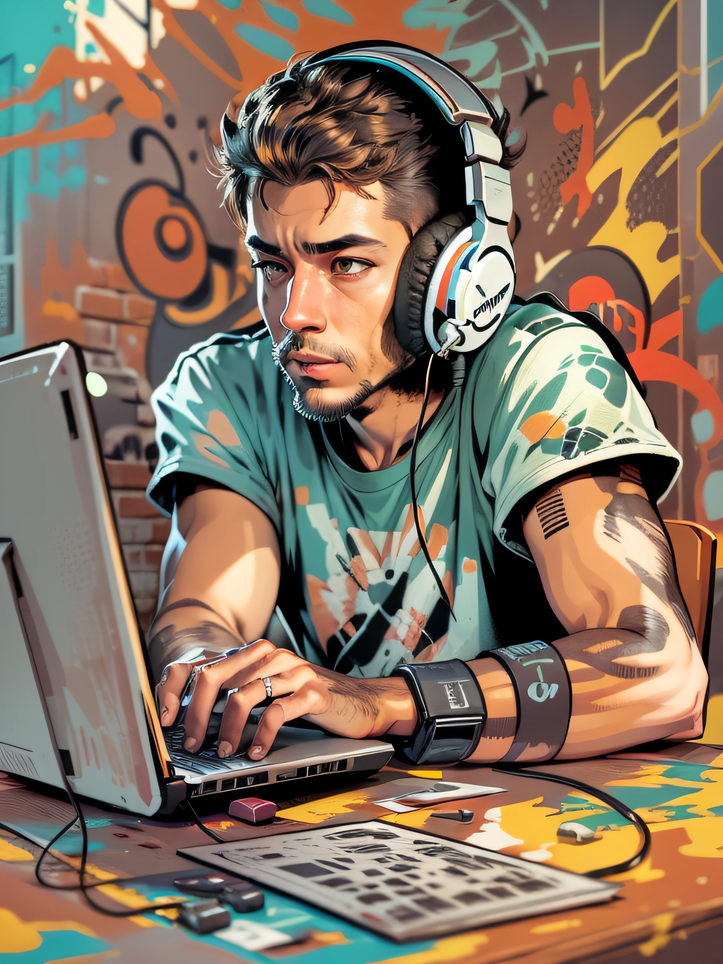 Vector, Print-ready colorful graffiti, Illustration: a guy wearing headphones sitting at a computer, action shot, high detail, whitebackground