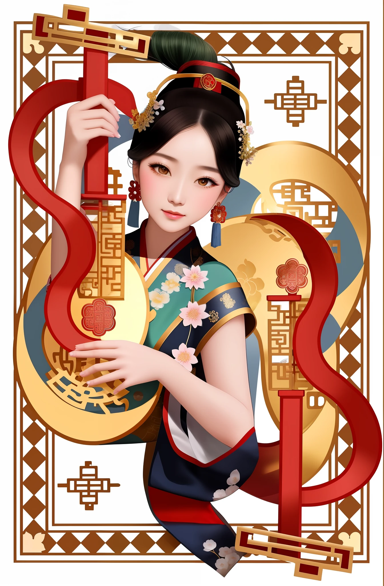 Close-up of a woman holding an instrument, Palace , A girl in Hanfu, A beautiful artwork illustration, ancient chinese beauti, inspired by Wu Bin, Princesa chinesa antiga, Chinese girl, Inspired by Song Maojin, ancient china art style, inspired by Gong Xian, Guviz-style artwork, inspired by Park Hua