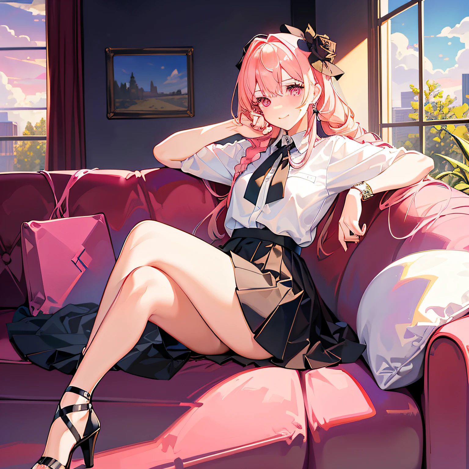 (tmasterpiece,best qualtiy:1.2),(looking at viewert),Happy face,dual horsetail,Superskirt,Pink theme,sitting in the couch,inside in room,rays of sunshine,with pink hair,a pink eyes,thick thight,sexy for