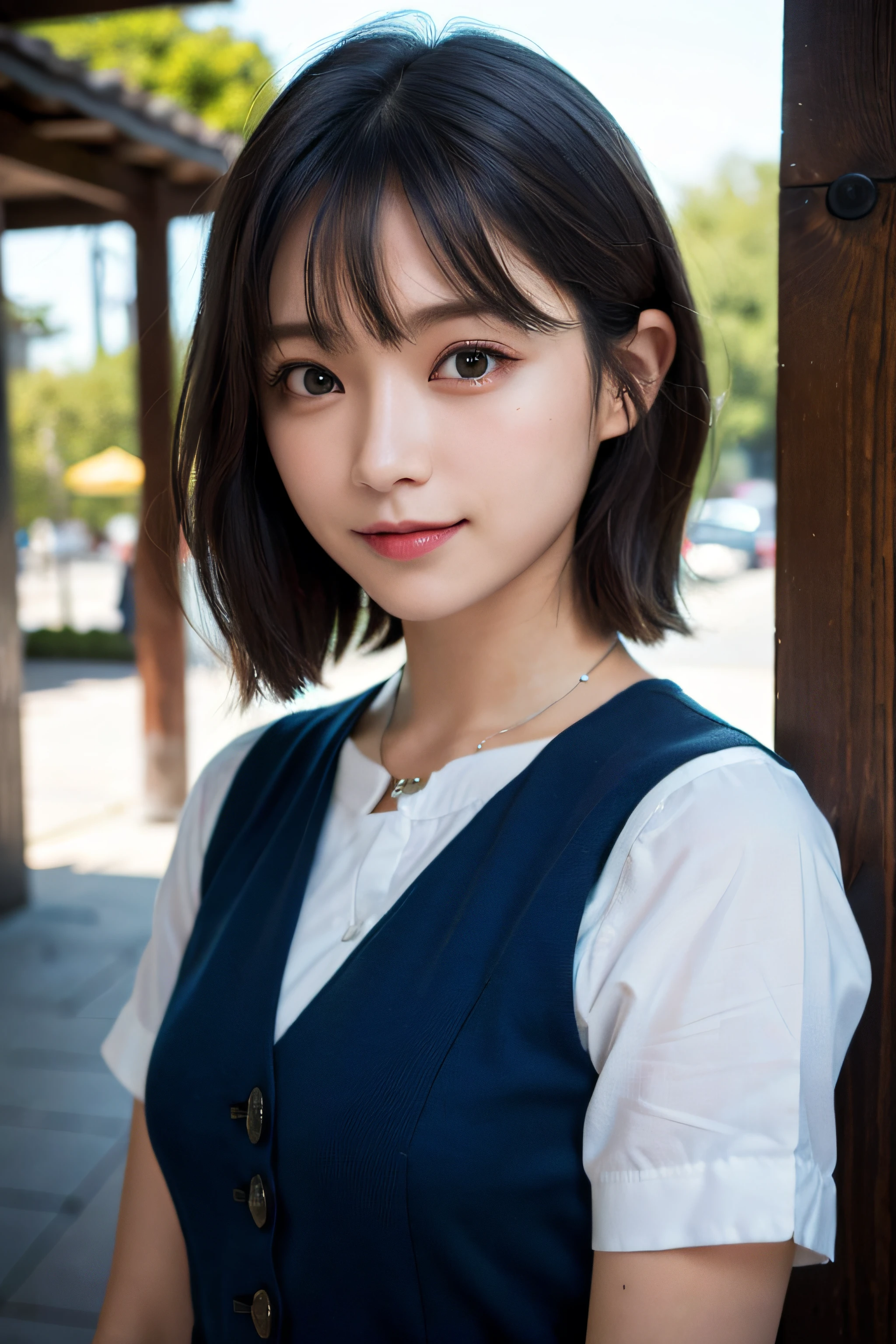 (((Medium hair))), Top Quality, 8K, HDR, Hi-Res, Absurdity: 1.2, Photography, (RAW Photos: 1.2), (Photorealistic: 1.4), (Masterpiece: 1.3), (Complex Details: 1.2), 1 Girl, Solo, Japan girls, Delicate and beautiful details, (Detailed eyes), (Detailed facial features), Petite, (Small breasts))), Toned Skin, ( looking_at_viewer), from_front, (Skinny), (Best Quality: 1.4), (Ultra High Definition: 1.2), Cinemalite, (Extreme Detail Illustration), (Lip Gloss, Best Quality, Ultra High Resolution, Depth of Field, Caustics, Broad Lighting, Natural Shading, 85mm, f / 1.4, ISO 200, 1/160 sec: 0.75), 1 girl, solo, ((blue vest))) smile, uniform, necklace, fashionable café: 1.3, black neat and clean clothes, Nogizaka idol, gravure idol, beauty