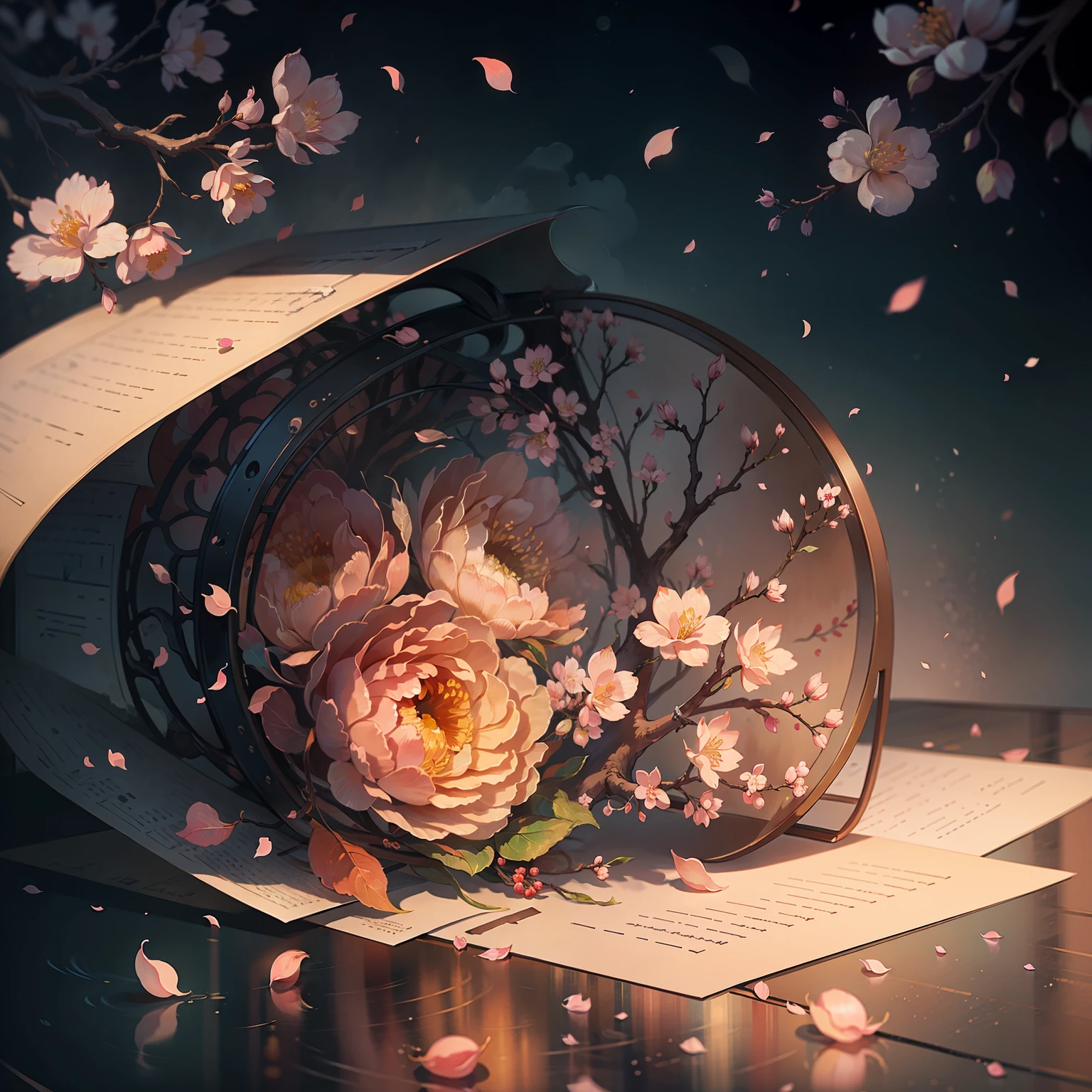 Original，（illustratio：1.1），（best qualtiy），（tmasterpiece：1.1），（the Extremely Detailed CG Unity 8K Wallpapers），（a color：1.2），Peach tree，Peach blossom petals，scenecy