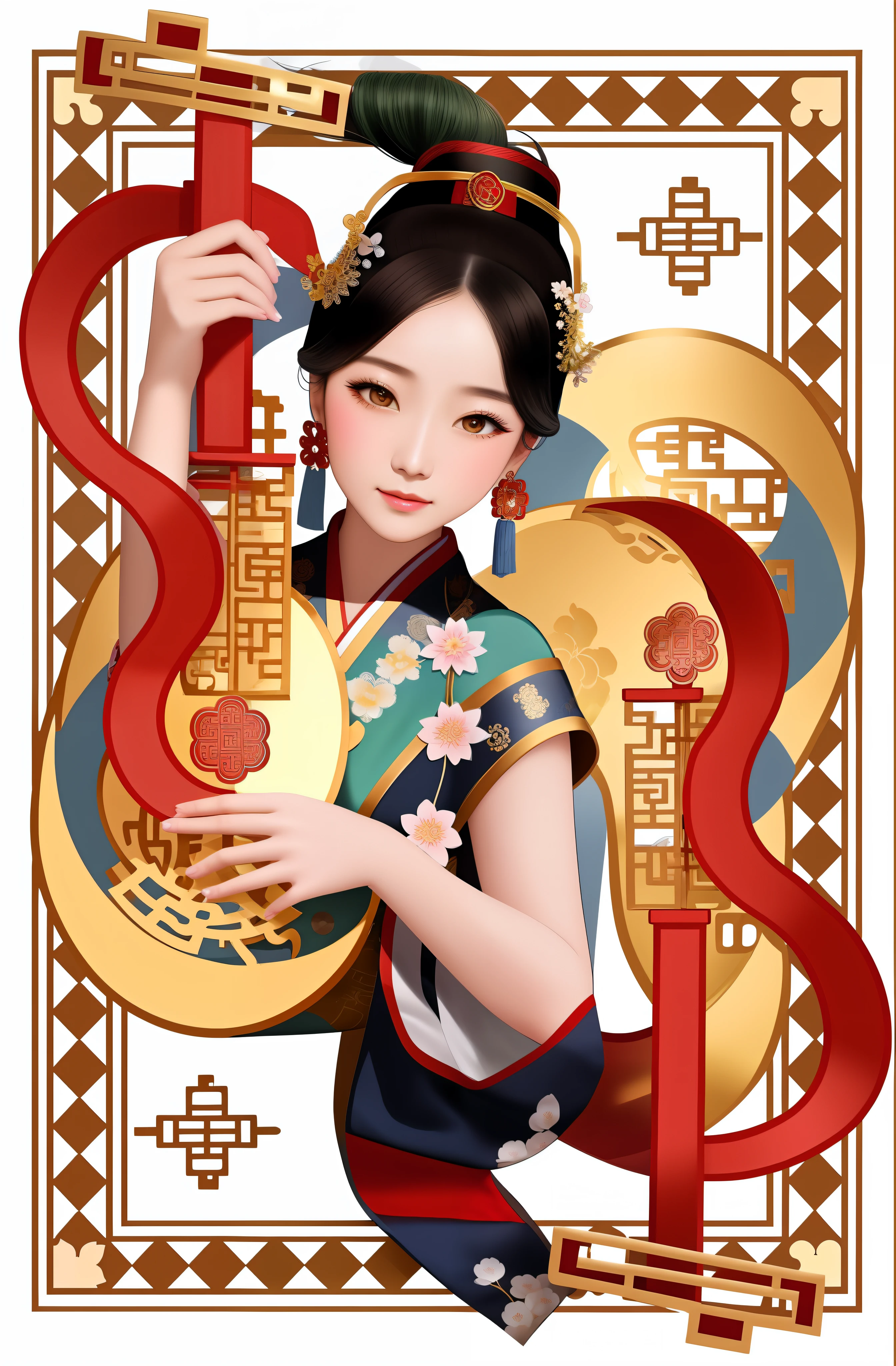 Close-up of a woman holding an instrument, Palace , A girl in Hanfu, A beautiful artwork illustration, ancient chinese beauti, inspired by Wu Bin, Princesa chinesa antiga, Chinese girl, Inspired by Song Maojin, ancient china art style, inspired by Gong Xian, Guviz-style artwork, inspired by Park Hua