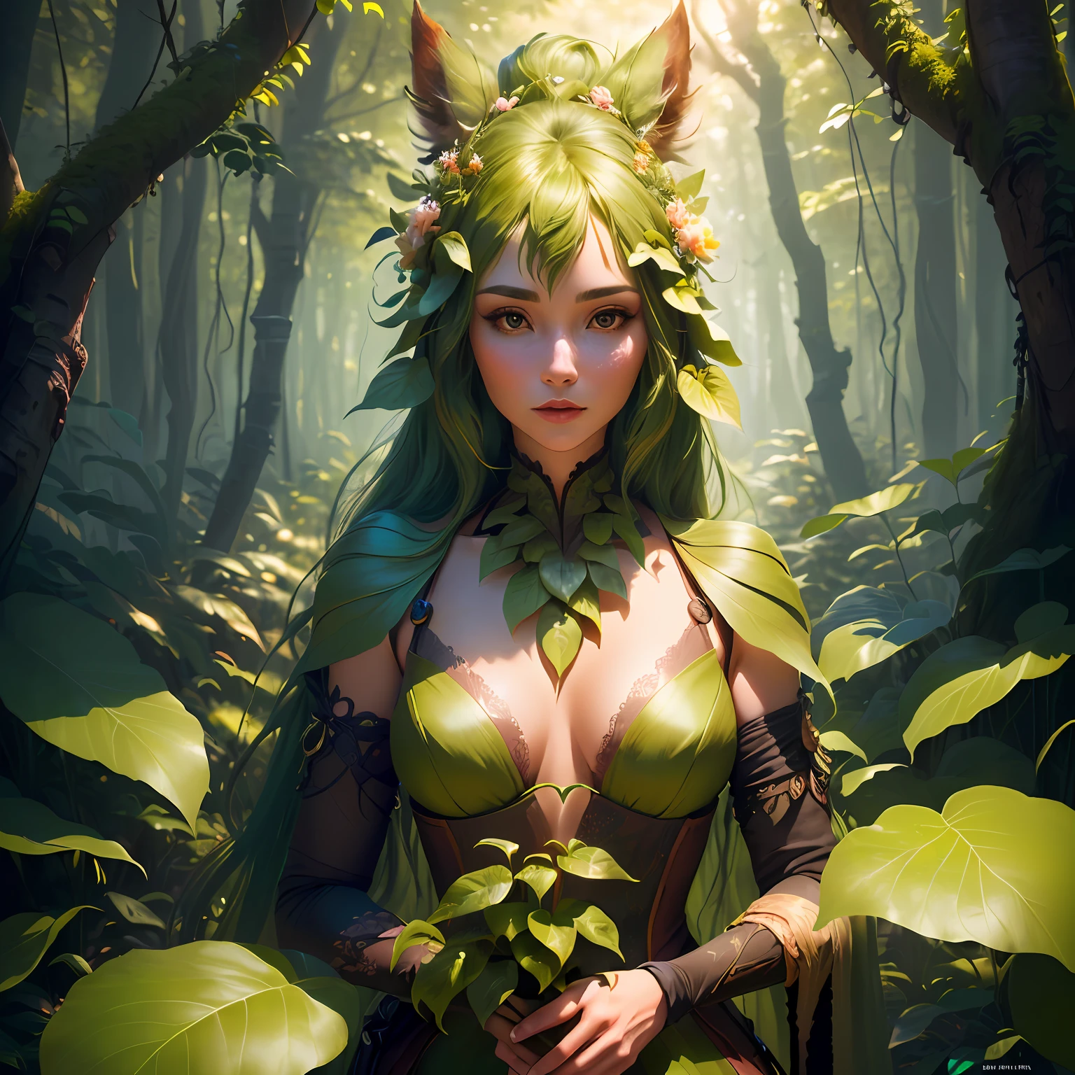 There was a woman standing next to a group of animals, anthropomorphic female deer, goddess of the forest, anthropomorphic deer female, fauns, fey queen of the summer forest, forest fae, spirit of the forest, Goddess of the Hunt, queen of the forest, goddess of nature, Kellers, anthropomorphic deer, forest soul