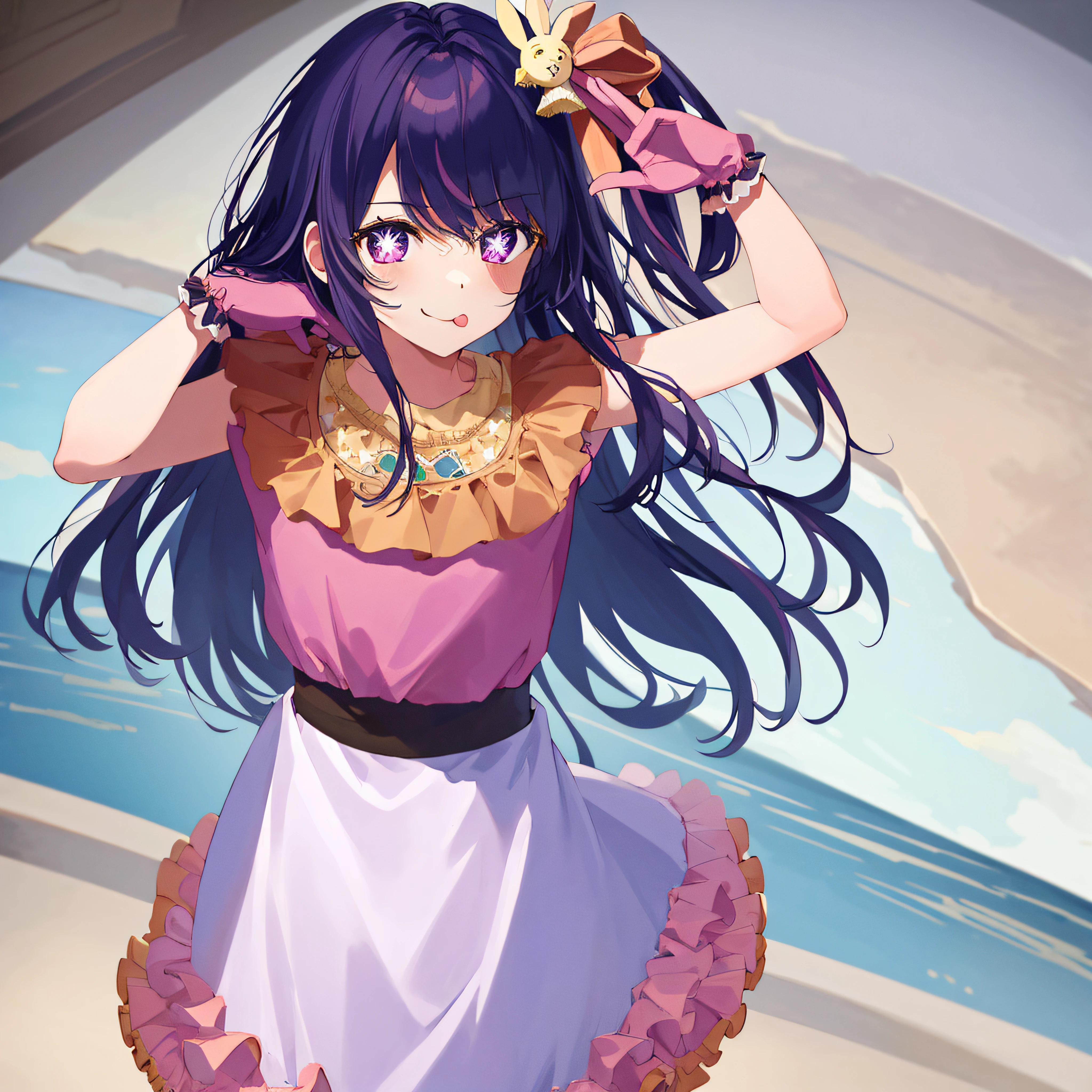1girl, full body, cowboy shot,
(Rembrandt), illustration, (masterpiece), (best quality), (ultra_detailed), finely detail, (Depth of field),
HshinoAi,gloves, tongue out, tongue, long hair, star \(symbol\), looking at viewer, (purple hair:1.2), purple eyes, upper body, hair ornament, :p, frills, pink shirt, smile, sleeveless, shirt, idol, symbol-shaped pupils, hands up, bangs, one side up, star-shaped pupils, arms up,
dress pull,
Roaring Twenties, isometric, from above, sky, flower, cliff,