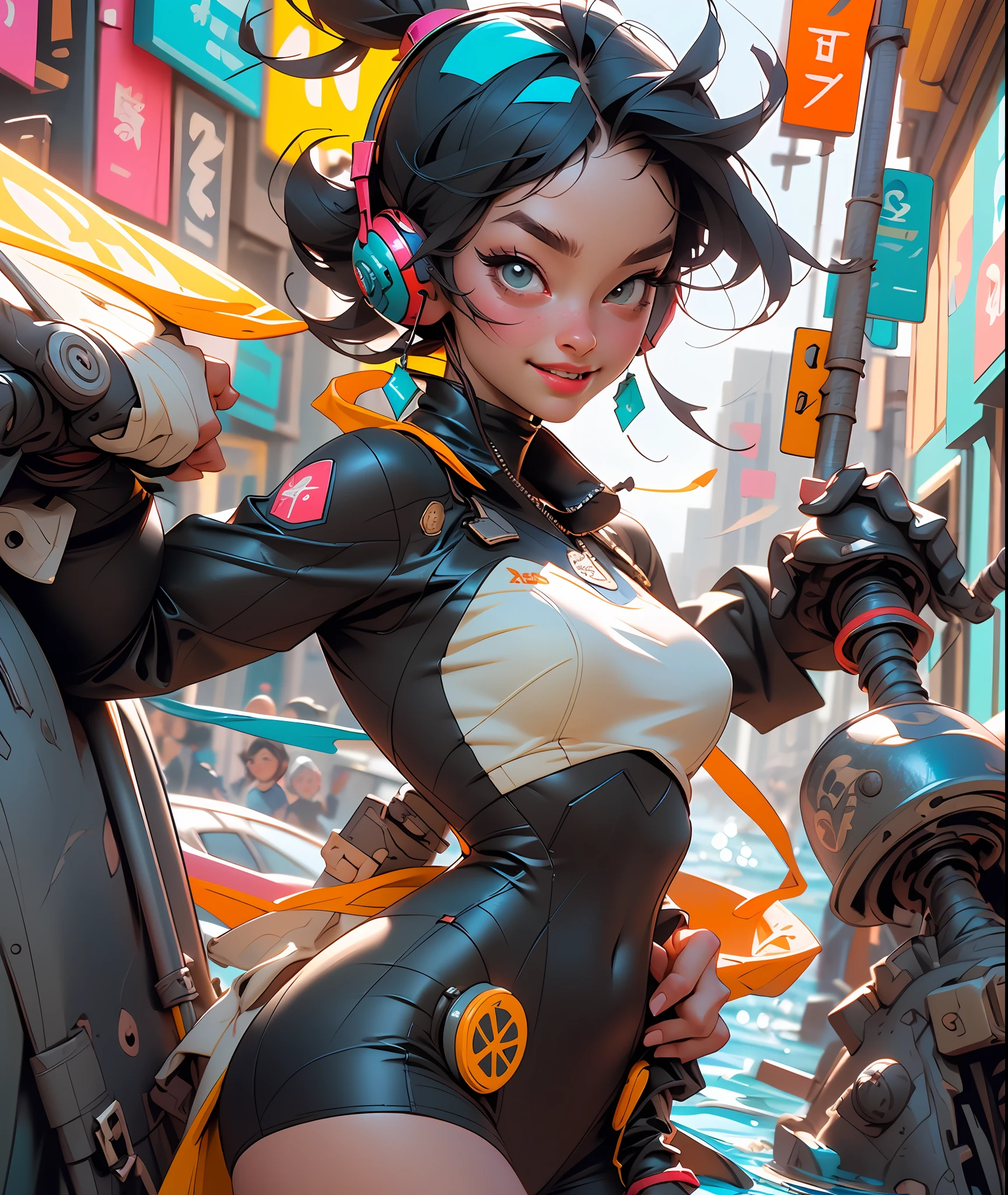 （（best qualtiy）），（（tmasterpiece）），（（Realistis））and hyper-detail photography of cyberpunk girls playing by the beach。She has（（Dark blue hair）），Happy laughing expression，Water play action，Girl who loves sports，Carrying a yellow swimming ring，Wear headphones around your neck，Wearing a cyan blue dress，Portrait photo，Exudes an atmosphere（（Beautiful and beautiful）），Raised sexy，under-boobs，Raised sexy，