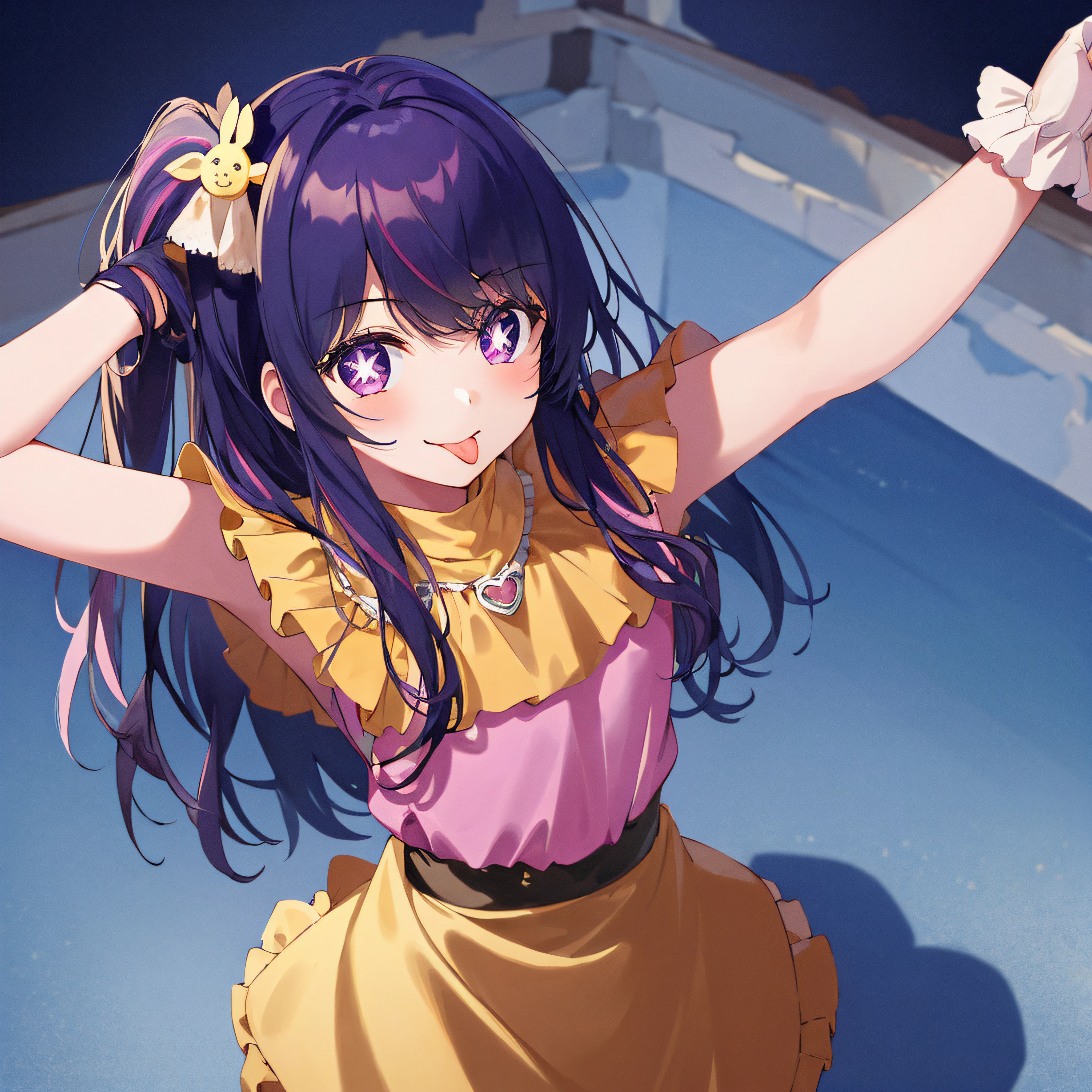 1girl, full body, cowboy shot,
(Rembrandt), illustration, (masterpiece), (best quality), (ultra_detailed), finely detail, (Depth of field),
HshinoAi,gloves, tongue out, tongue, long hair, star \(symbol\), looking at viewer, (purple hair:1.2), purple eyes, upper body, hair ornament, :p, frills, pink shirt, smile, sleeveless, shirt, idol, symbol-shaped pupils, hands up, bangs, one side up, star-shaped pupils, arms up,
dress pull,
Roaring Twenties, isometric, from above, sky, flower, cliff,