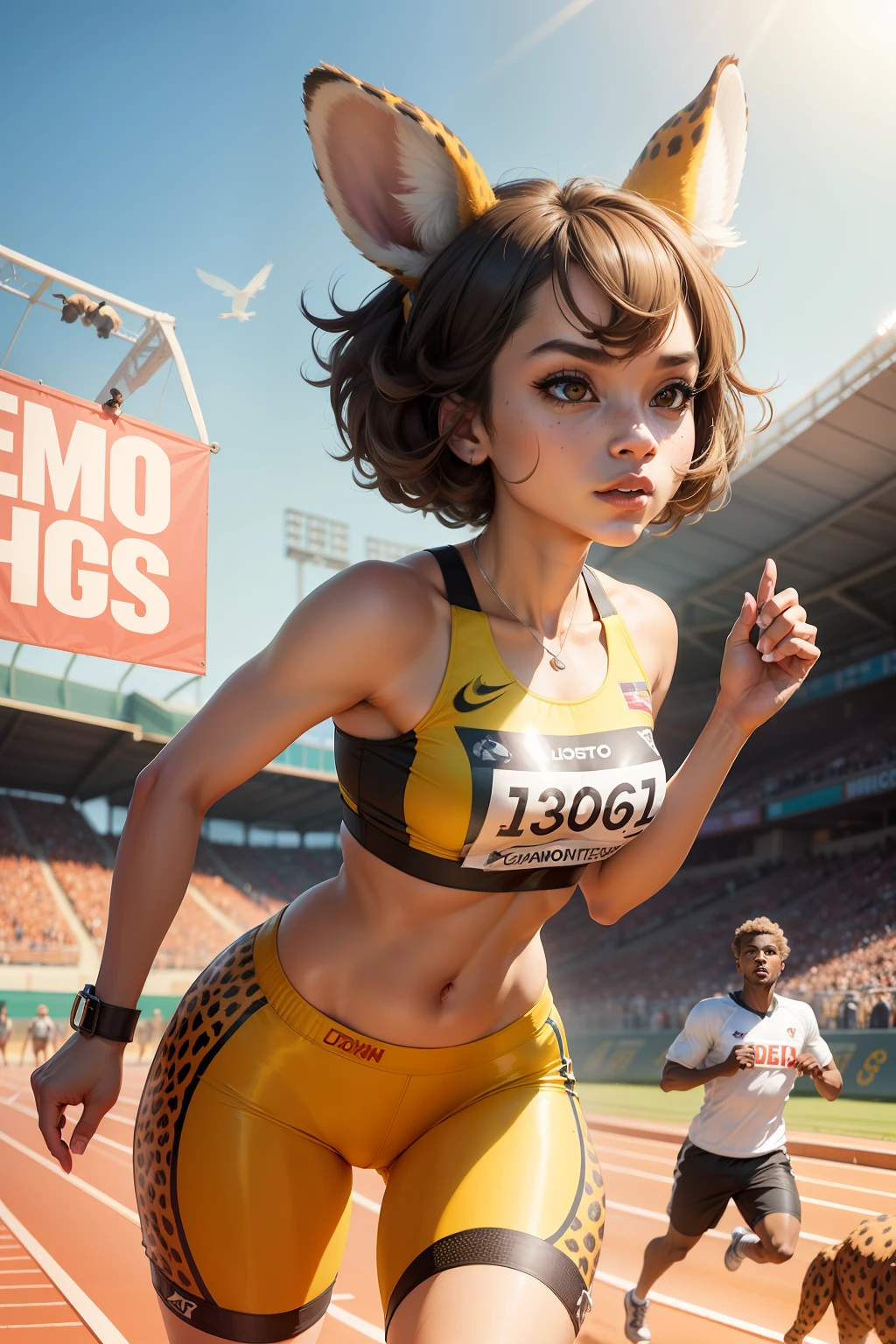 "Scene of an anthropomorphic animal movement meeting, Digital art. A track full of various animals,Race on two legs. No primeiro plano, Determined cheetah girl sprinting on the track, The focused look on her face, Racing bib on sports chest. Behind, Rabbit, turtle, ostrich, Elephant girl in the game. A crowd of excited animal spectators watch from the stands, Holding a sign. The sun shines on the stadium. Vibrant atmosphere, Vivid expressions on the animal's face. Detailed fur, scales, Feathers on the body of an animal female. fun, Easy art style with anthropomorphic animals."
