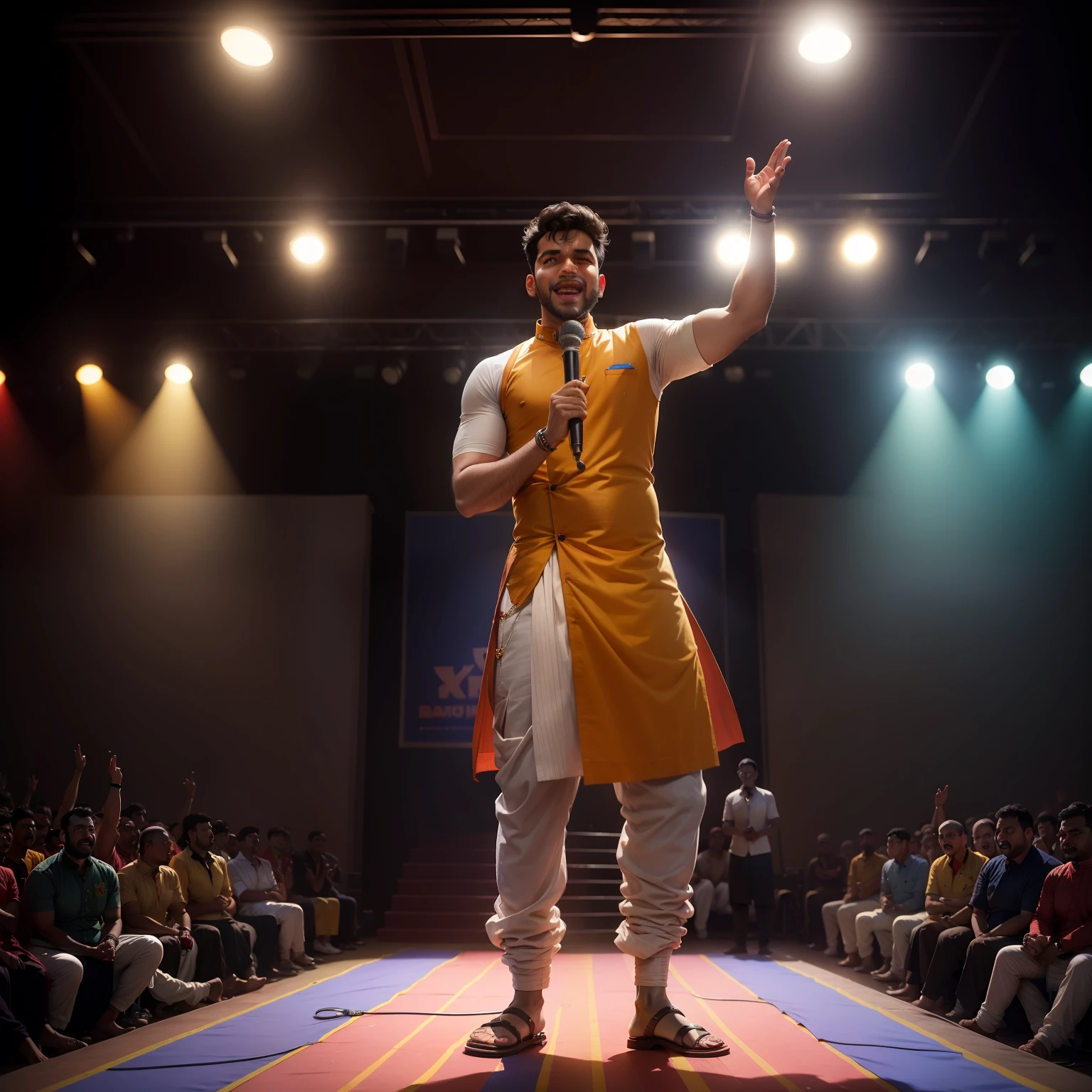 25 year old man standing on stage in a bar wearing kurta and lungi doing stand up comedy, Indian, crowd laughing, laughing, microphone, (((crowd cheering))), spotlight, people laughing, full shot, wide shot, 8k render, volumetric lighting, cinematic, hyper realistic photo, warm lighting, crowd clapping