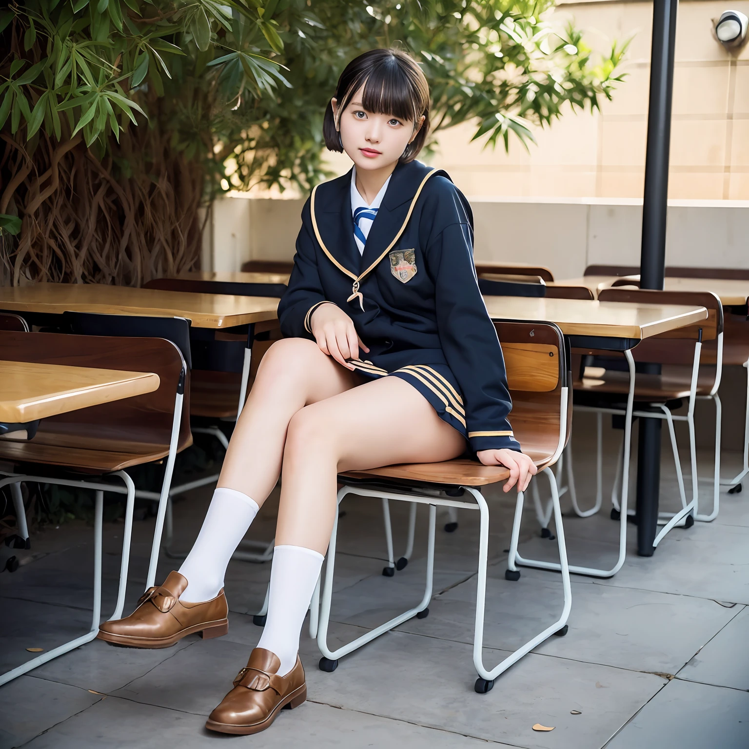 1girll,Solo,Pure_detail in face_The face is pure_eye detailed_eyed ((JK_校服,High school student uniform，School uniform for high school students，High school miniskirt，JK_sailor uniformm,JK_Serakuf)),JK_a skirt,JK_Loose socks jk_Loafer shoes，high school senior, short detailed hair，middle score，Sit in a swivel chair in a café，((Infinity round chair)),outdoor cafe，Outdoor stools，(Single table，High chair, High table），（From the front side：1.7），（Spread your feet in front of you），（Breaking Old Works：1.1），（Golden section：1.1），（the golden ratio：1.1），（Keep your feet apart），{{Extremely detailed thigh details}}，{{Extremely detailed panty details}}，{{{pantiess}}}，（legs are open），（The reveal panties），（Natural color panties），From the bottom right corner。