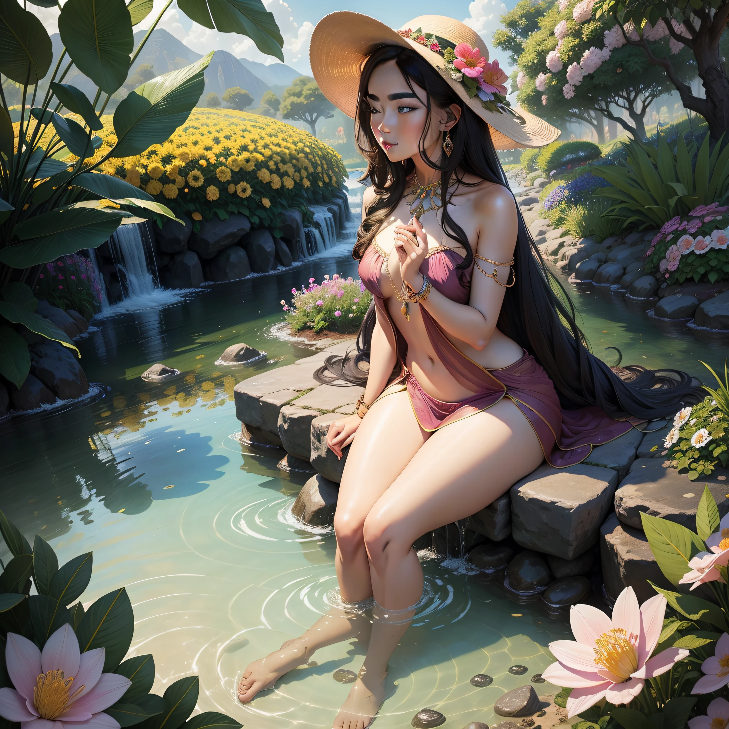 An idyllic oasis of flowers and precious stones, where exotic blooms intertwine with sparkling gems, transforming the landscape into a mesmerizing and magical sight.