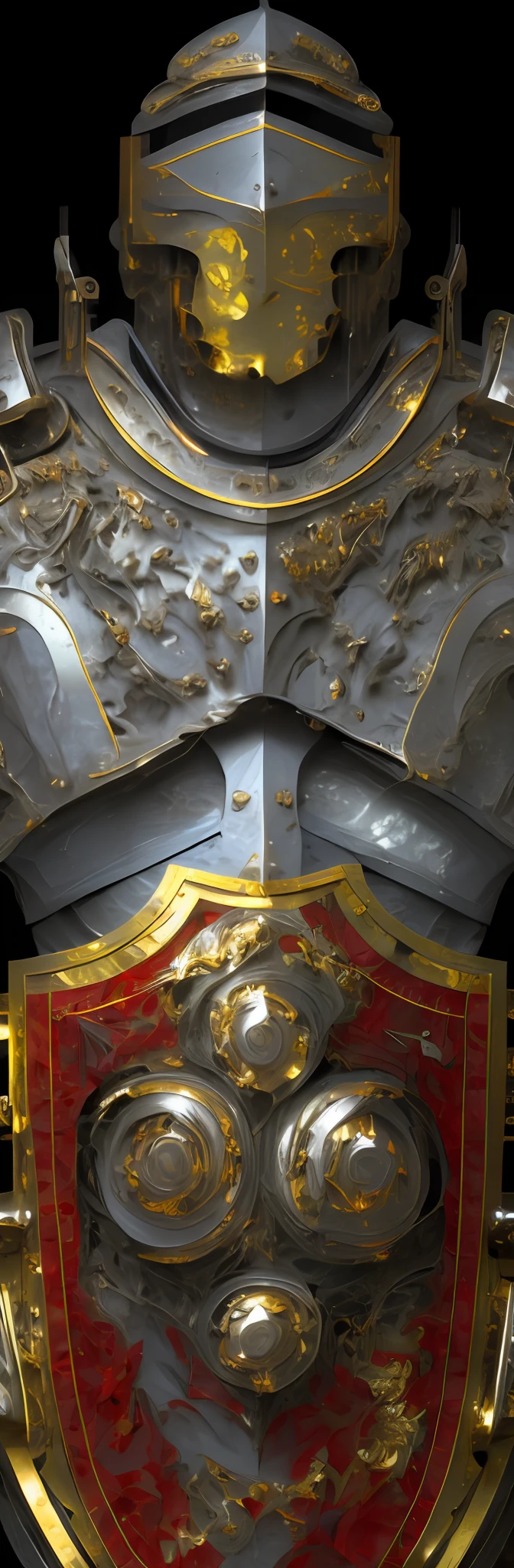 Close up of gold and silver shield on red background，Silver, gold, Heavy armor，gold and steel intricate，silver gold fractal details，High detail official artwork，minimal，Huge and delicate，gold heavy armor。Dramatic，Intricate metal armor，Barbed metal armor，angular metal armor，8K details，Heavy platinum armor。