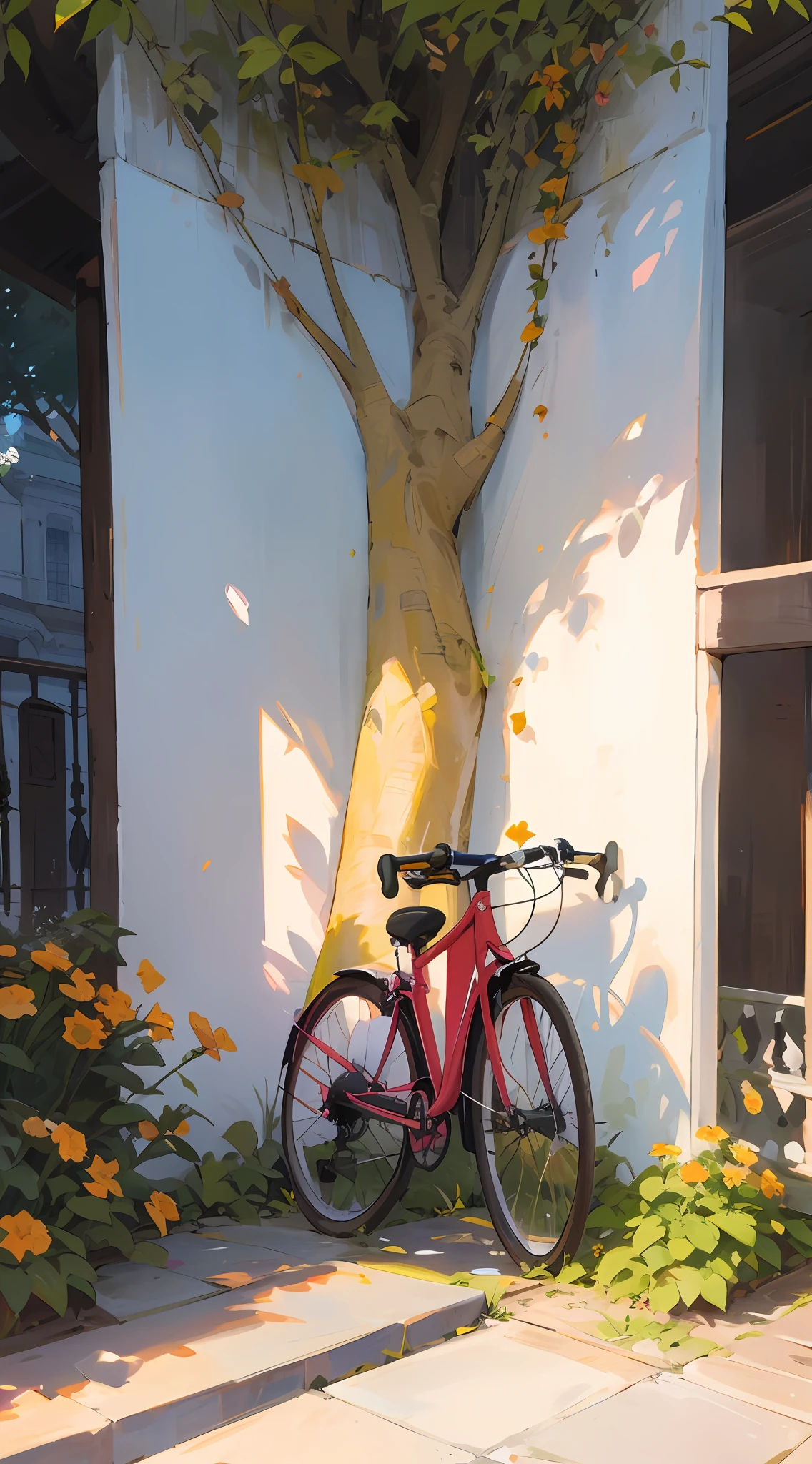 Uma bicicleta rosa com uma cestinha de flores amarelas, In the shade of a garde tree in the park, dia de sol, brazi, Obra-prima, melhor qualidade, (papel de parede 8k de unidade CG muito detalhado) (melhor qualidade), (best illustration), (melhores sombras)