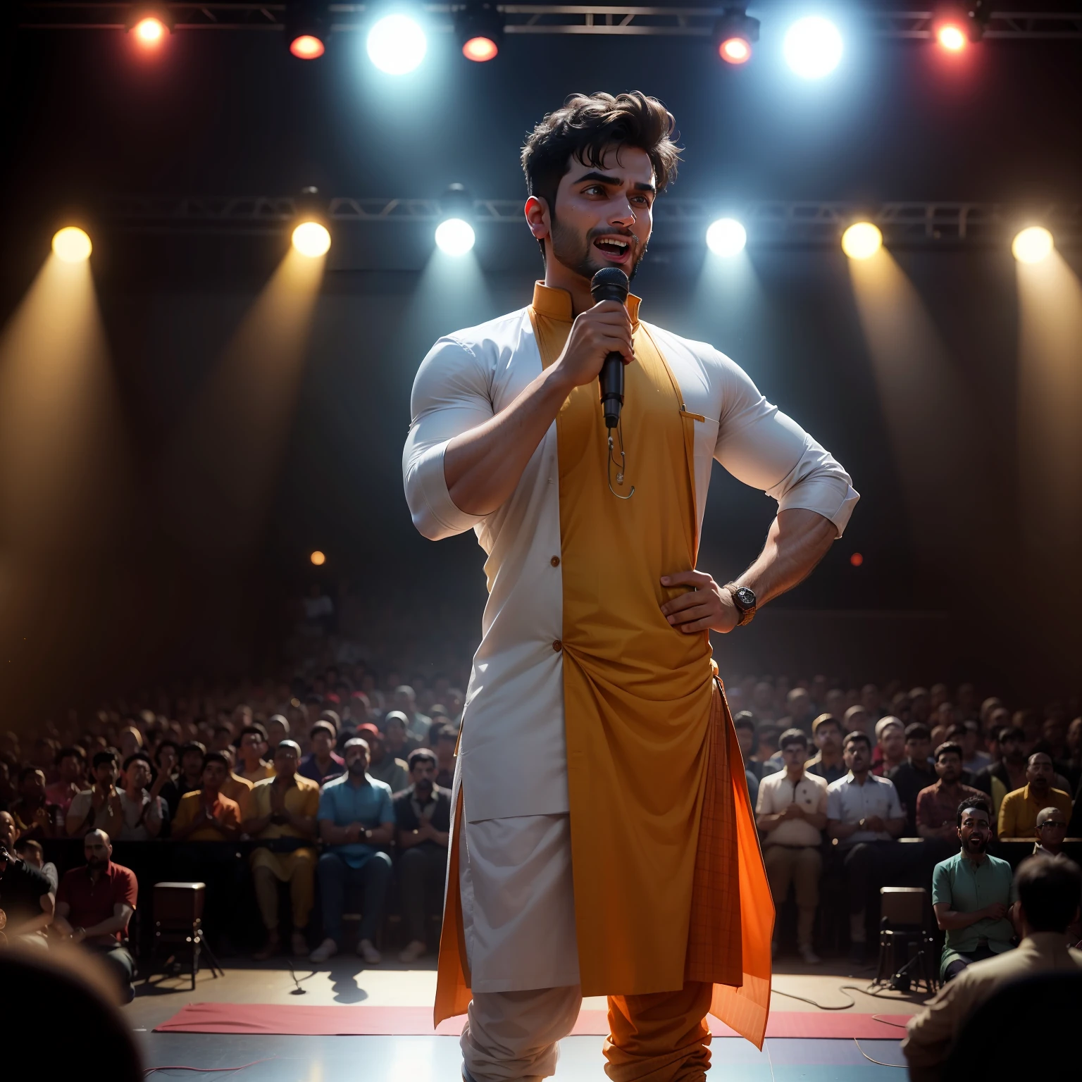 25 year old man standing on stage in a bar wearing kurta and lungi doing stand up comedy, Indian, crowd laughing, laughing, microphone, (((crowd cheering))), spotlight, people laughing, full shot, wide shot, 8k render, volumetric lighting, cinematic, hyper realistic photo, warm lighting, crowd clapping