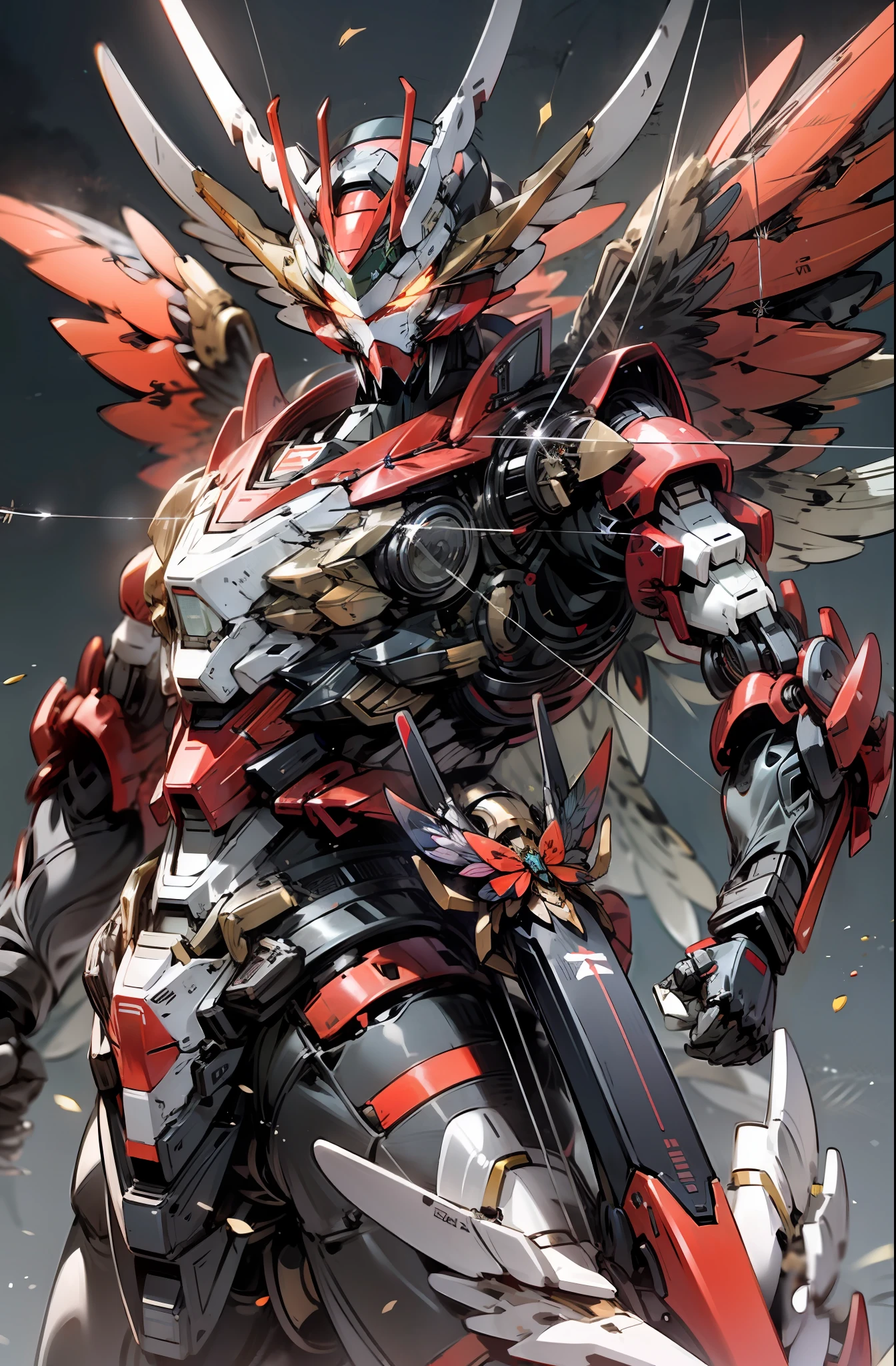 Bokeh, attack, concise, 8k wallpaper, robot, eyes glowing cross Crimson red, mecha, Dapeng spreading its insect wings, holding a arrow aiming at the target, diamond, red, black, beetle Gundam, insect Gundam, look at camera, (half body), ((beast)), beetle Gundam, Kamen rider kuuga,