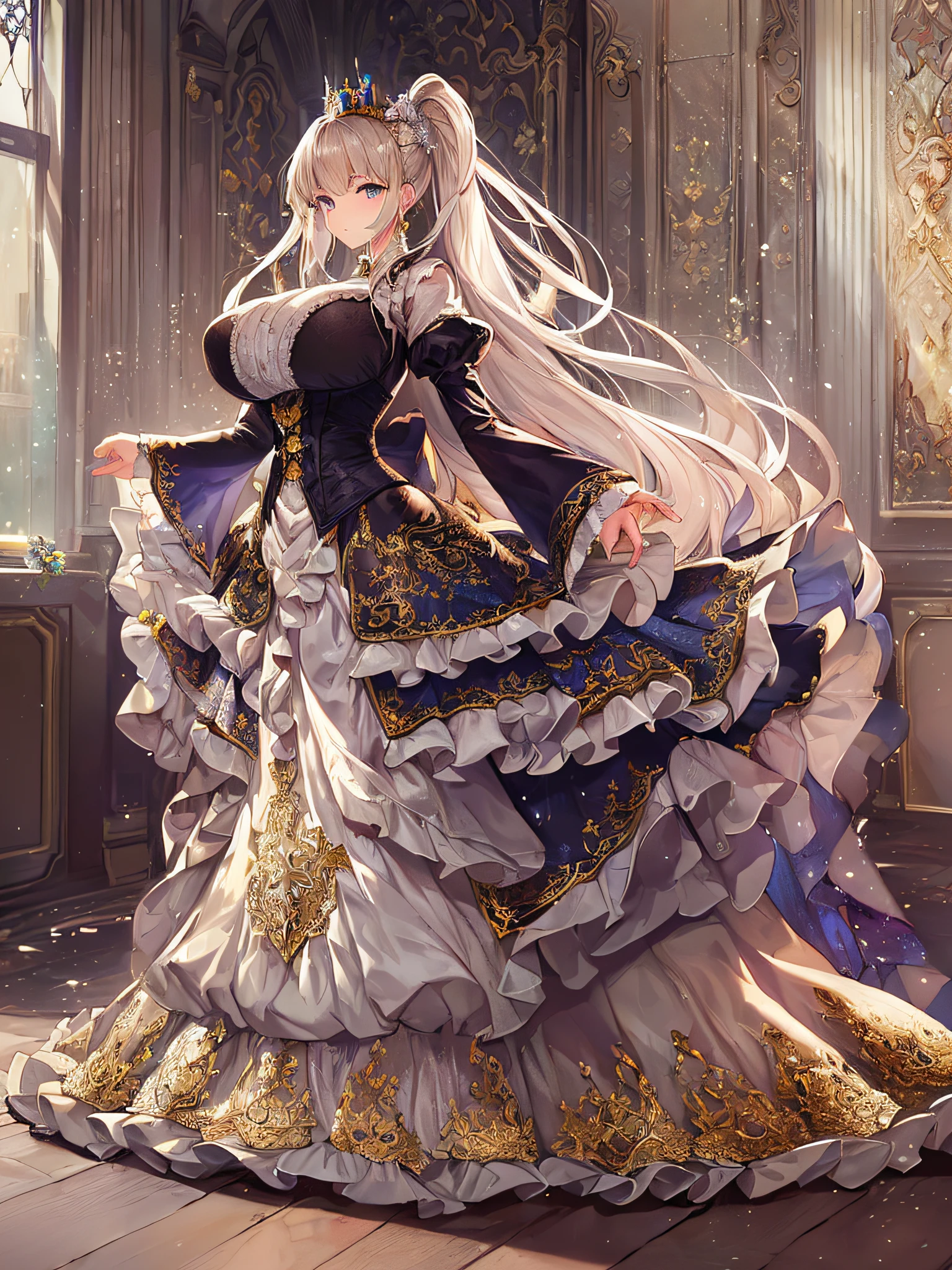 ((anime artstyle)),(Masterpiece),(Best Quality), (Super Detail),((Very Delicate and Beautiful)),((Solo)),((full body)),((1 princess in gorgeousfull victorian dress with voluminous skirt)),many ruffles,detailed face and eyes,jewel-like eyes,((voluminous Very Long Straight Hair)),((gorgeousfull embroidery and lace)),gorgeous corsage,See-through,gorgeousfull hair ornament,gorgeousfull glitter jeweled tiara,ornate ruffles,((gigantic breasts,Long breasts)),skindentation,((full body)),((hoop skirt,crinoline)),standing pose,Dynamic Angle,Looking at viewer,royal victorian palace,(((gorgeous embroidery gorgeousfull victorian dress with voluminous skirt)),full body