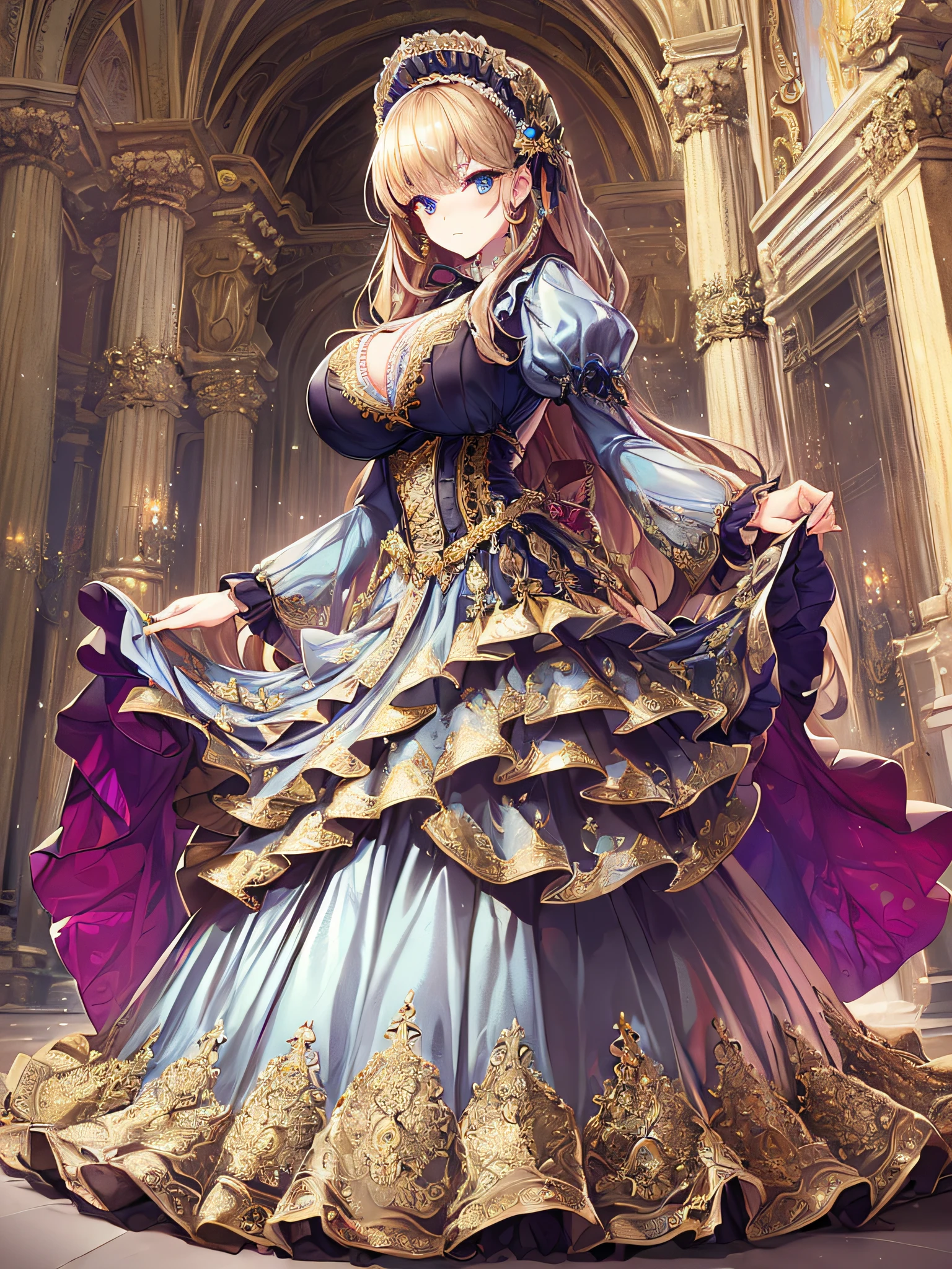 ((anime artstyle)),(Masterpiece),(Best Quality), (Super Detail),((Very Delicate and Beautiful)),((Solo)),((full body)),((1 princess in gorgeousfull victorian dress with voluminous skirt)),many ruffles,detailed face and eyes,jewel-like eyes,((voluminous Very Long Straight Hair)),((gorgeousfull embroidery and lace)),gorgeous corsage,See-through,gorgeousfull hair ornament,gorgeousfull glitter jeweled tiara,ornate ruffles,((gigantic breasts,Long breasts)),skindentation,((full body)),((hoop skirt,crinoline)),standing pose,Dynamic Angle,Looking at viewer,royal victorian palace,(((gorgeous embroidery gorgeousfull victorian dress with voluminous skirt)),full body