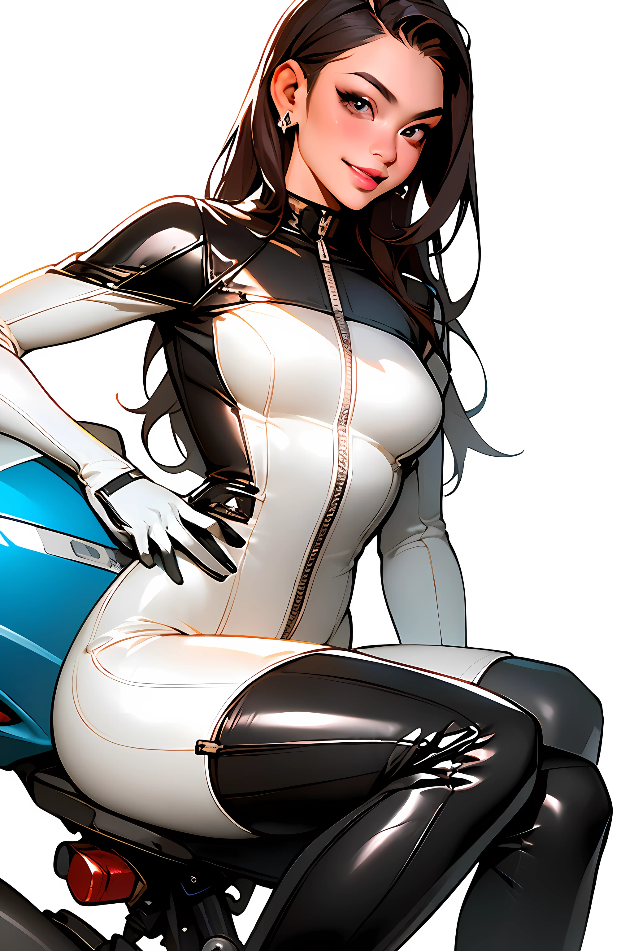 masterpiece, (masterpiece, top quality, best quality),1girl, solo, bodysuit, breasts, long hair, white background, smile, simple background, medium breasts, helmet, looking at viewer, skin tight, sitting, lips, blue bodysuit, motorcycle, black gloves, gloves