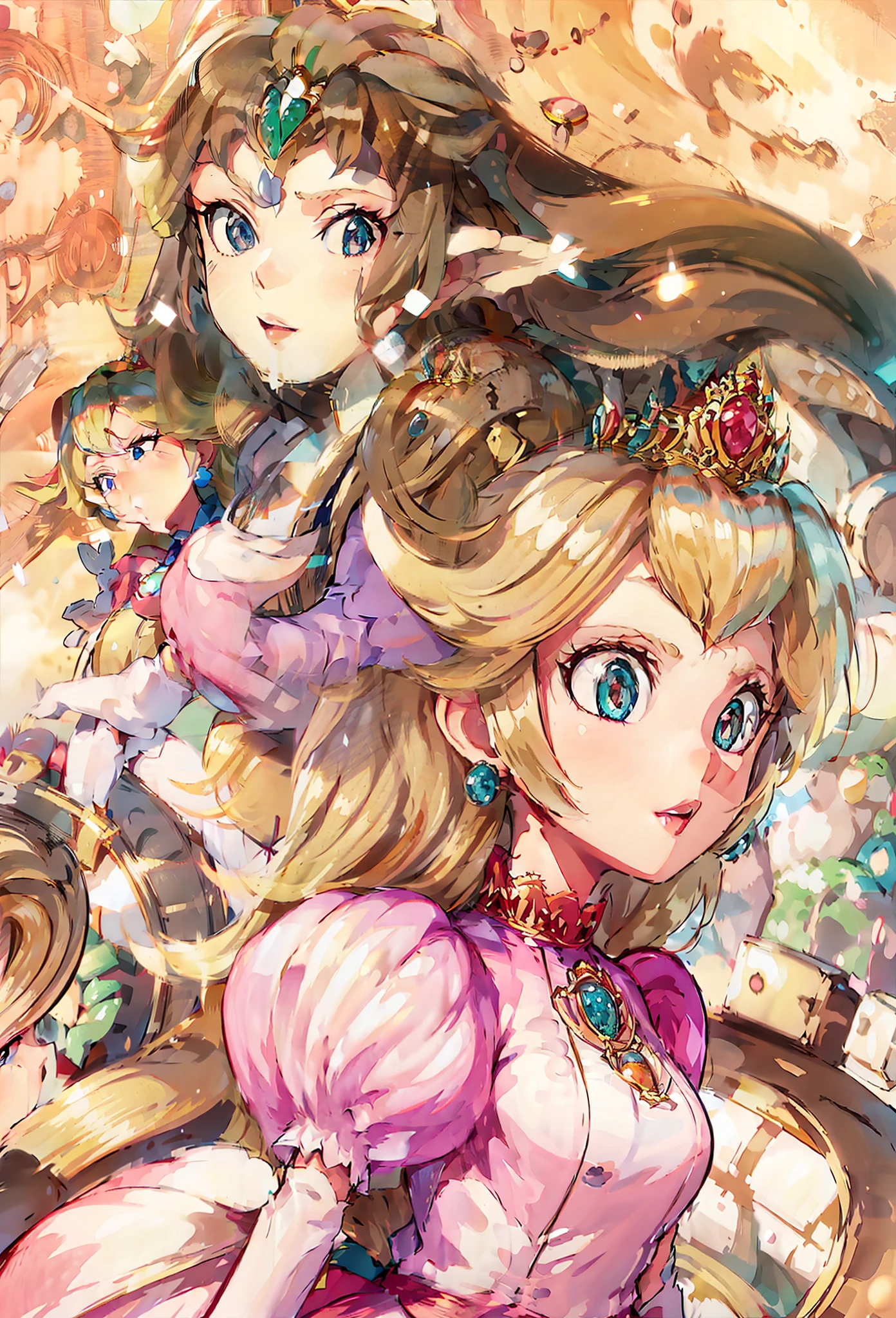 8K high quality, high accuracy, Princess Peach, beautiful shape, beautiful face, beautiful, bright, highlights in eyes, sexy, erotic, beautiful line drawing. Princess Peach has blonde hair, Princess Peach has a pink dress, sparkling orange background,