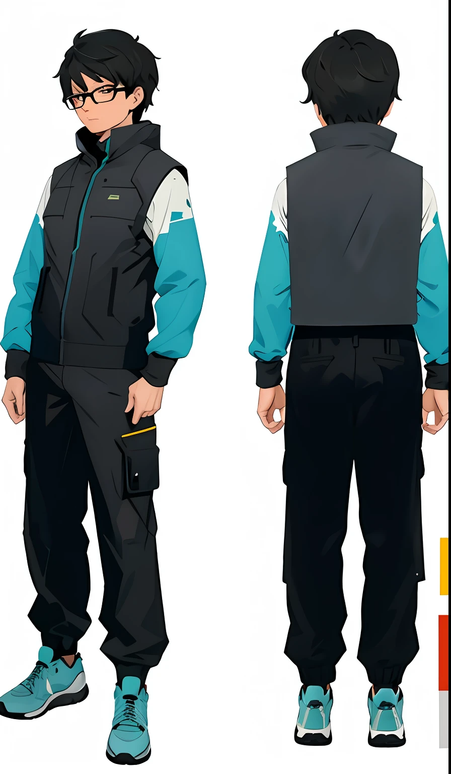 adult man, Black hair, short detailed hair，Wear glasses, （Futuristic sci-fi style，Doomsday adventurer，Slim tech clothing，Pants with multiple pockets，Multi-pocket vest，Fit clothing，Wear wave shoes