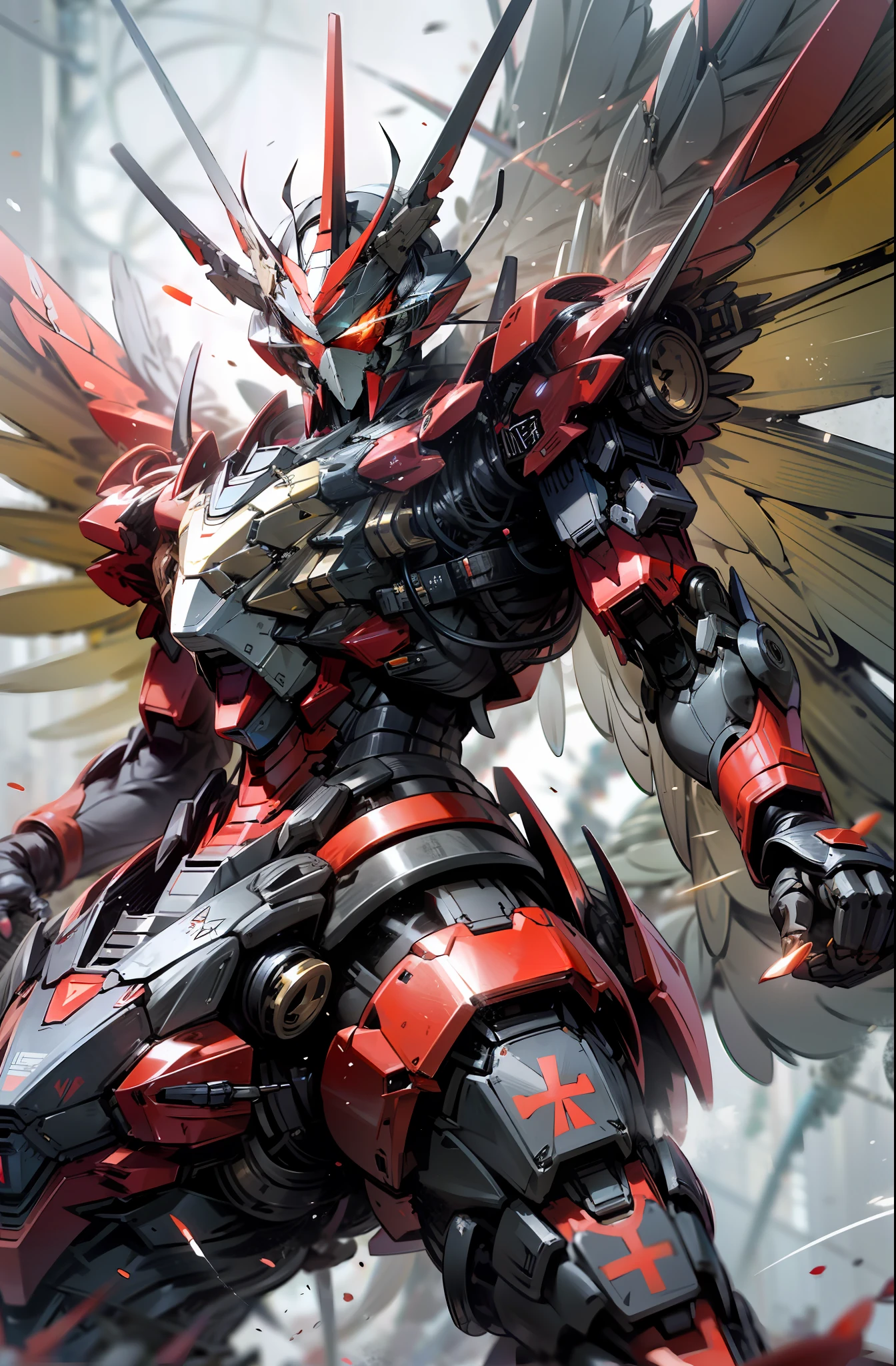 Bokeh, attack, concise, 8k wallpaper, robot, eyes glowing cross Crimson red, mecha, Dapeng spreading its insect wings, holding a arrow aiming at the target, diamond, red, black, beetle Gundam, insect Gundam, look at camera, (half body), ((beast)), beetle Gundam, Kamen rider kuuga,