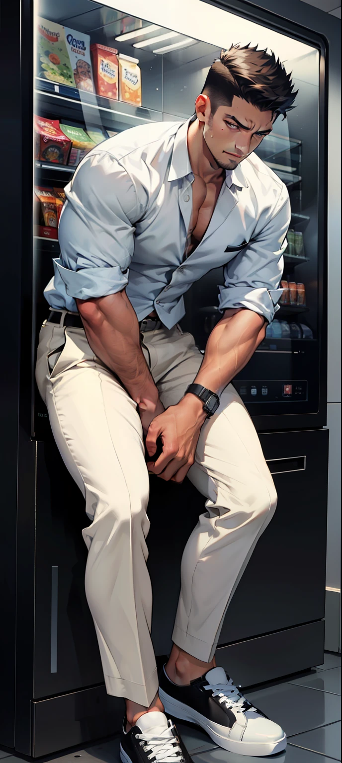 masterpiece, best quality, face, natural eyes, 1man, european, big feet, black socks, (in suit), a businessman in suit, squat in fornt of a vending machine, full body, white shirt, only wear white shirt, black socks, leather shoe, large bulge, long legs, looking at viewer, 30 years old, muscled and mature, short haircut, legs streched, sweating, tight cloth, erecting
