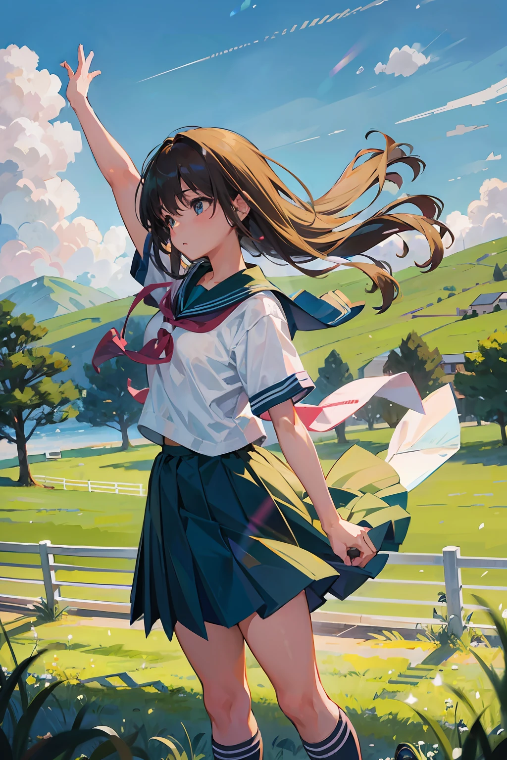 hi-school girl 校服 girl with The wind is blowing Green grass