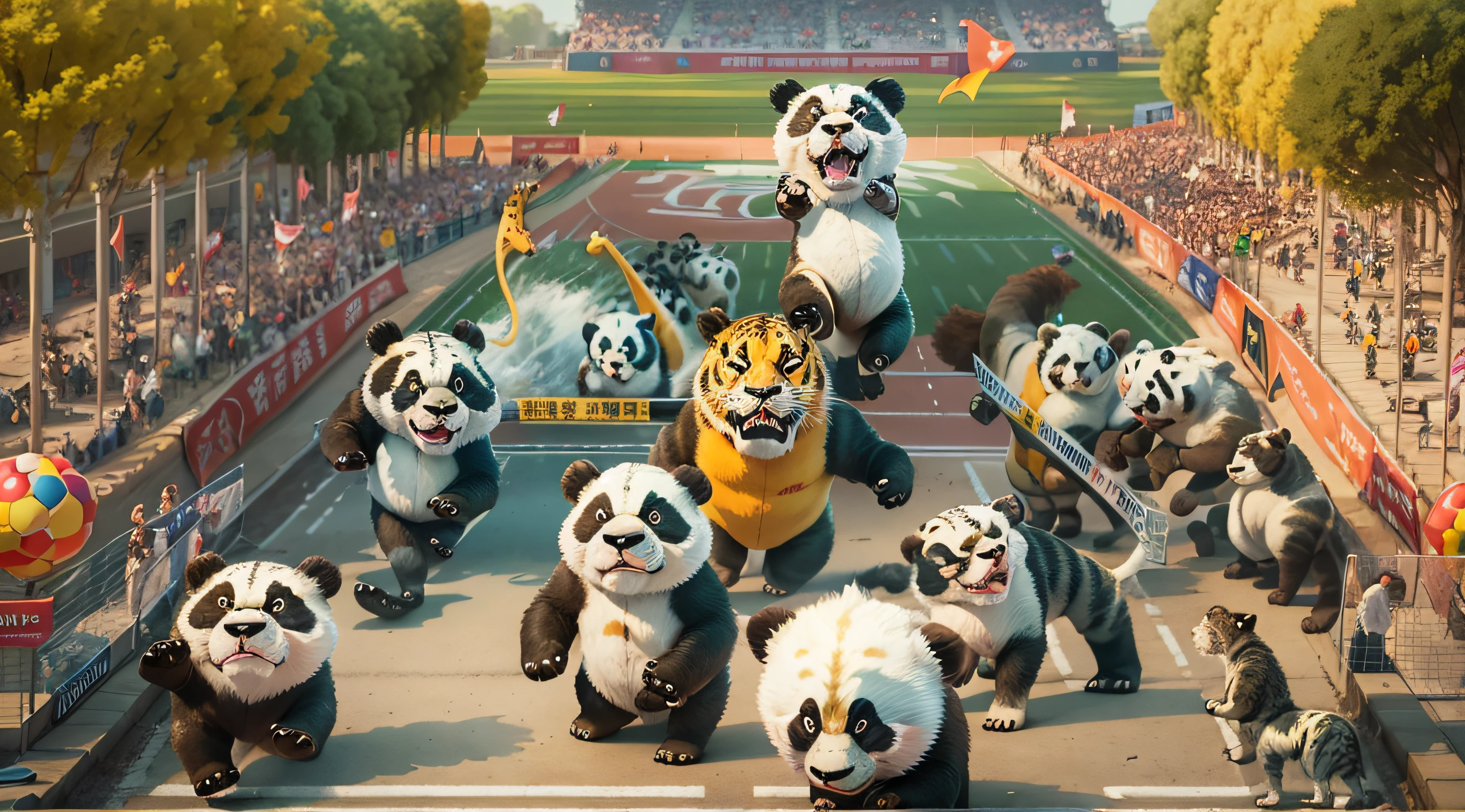 A scene,Chengdu's iconic stadium hosts an unprecedented event, Giant panda characters fly happily,Chinese giant panda,tigre,the Lion,giraffes,Zebras and various animals participate in the race,pixar-style,Chengdu Universiade,Cheer for the critters,The scene is lively,Motivating,The background is crowded,Games theme,The picture is high-definition and fine,64k, still from live action movie, frame from pixar movie, From the movie, Chipdale, official render, still from pixar movie, animated movie still, screenshots from movies