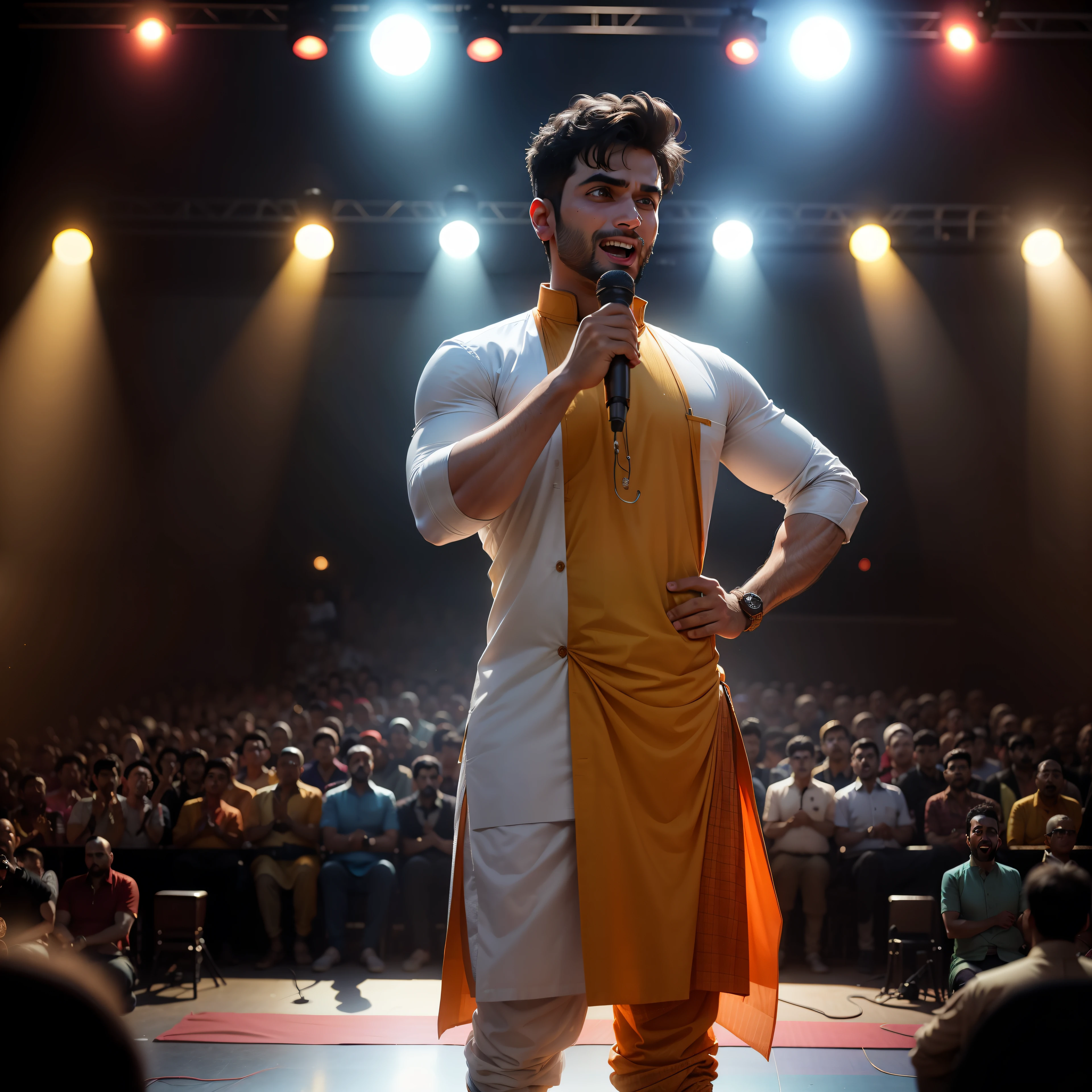25 year old man standing on stage in a bar wearing kurta and lungi doing stand up comedy, Indian, crowd laughing, laughing, microphone, (((crowd cheering))), spotlight, people laughing, full shot, wide shot, 8k render, volumetric lighting, cinematic, hyper realistic photo, warm lighting, crowd clapping