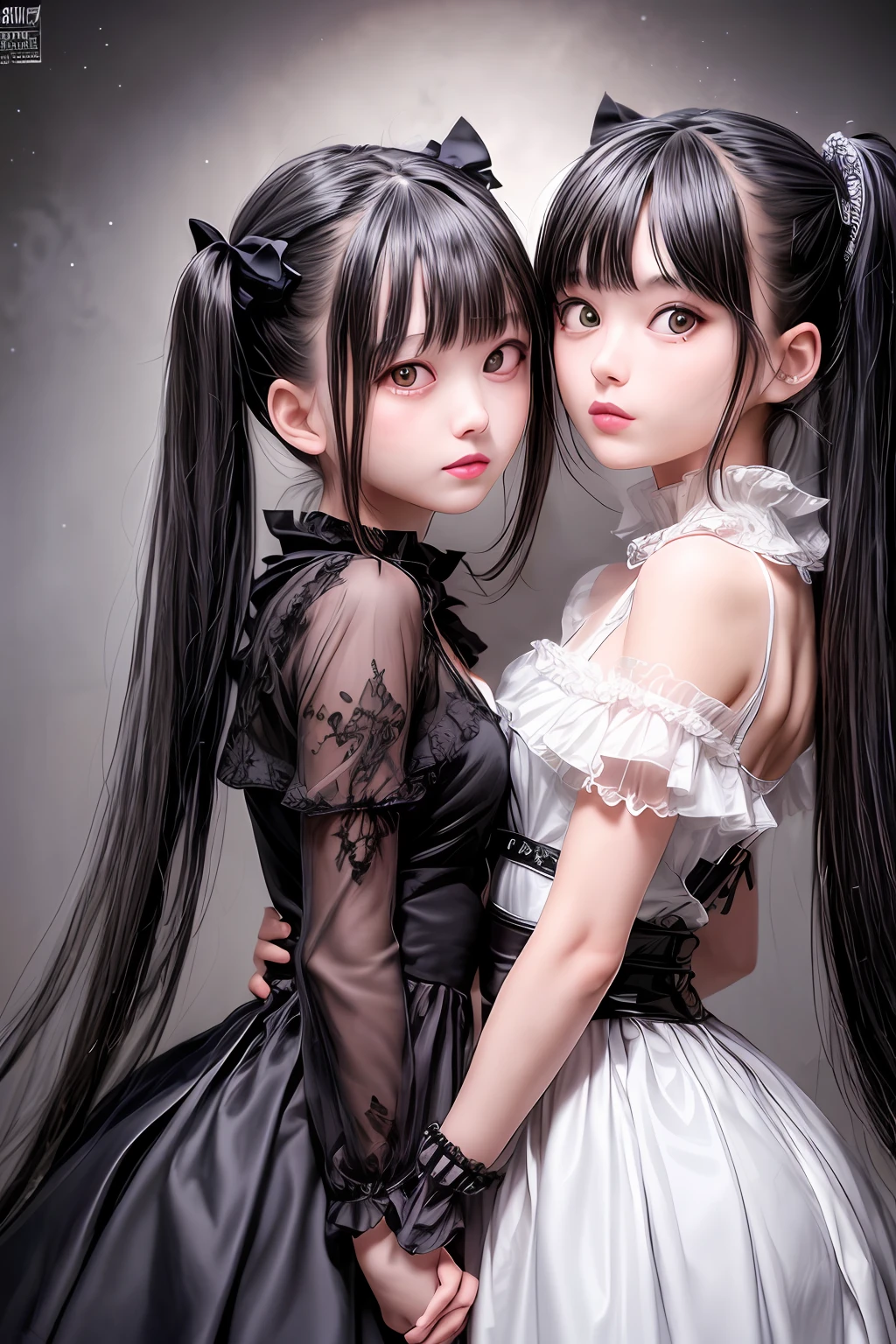 two girls in black and white dresses posing for a picture, beautiful gemini twins portrait, two beautiful anime girls, with black pigtails, beautiful sci - fi twins, twintails, trending on cgstation, twintails hairstyle, beautiful gemini twins, , trending at cgstation, wlop and sakimichan, artwork in the style of guweiz