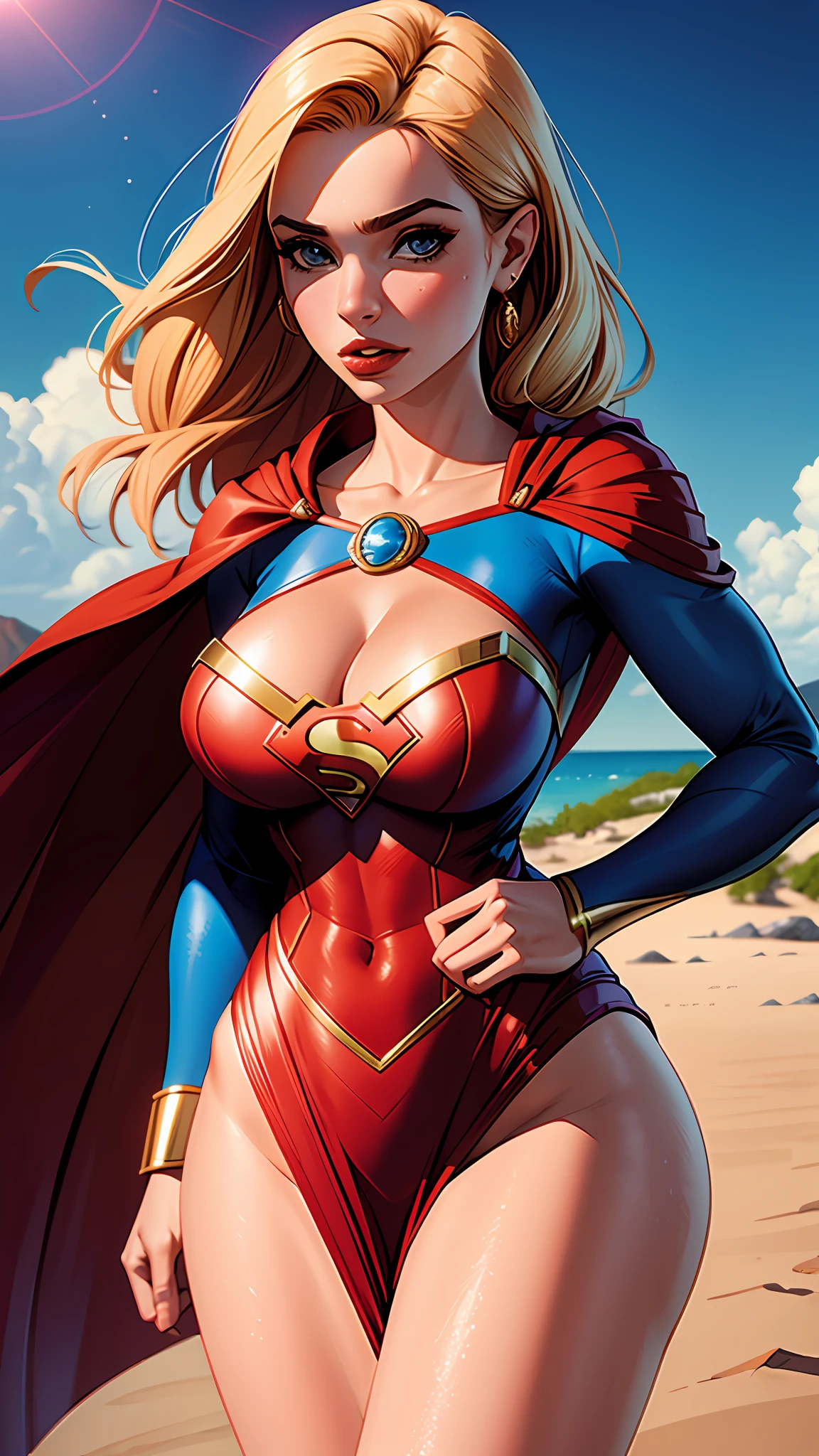 Mulher fofinha, corpo fofo, seios grandes, vestido fantasia de Supergirl,ultra realista, 2d comic