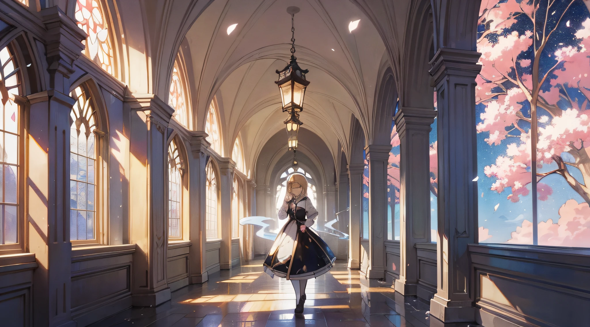 (A beautiful maiden: 1.3), gorgeous dress, Light blonde hair, (Maiden as a subject), nuns, chies, hallway, stain glass, (white petals), white blossoms, Fantasy, Dreams, Smoke particles, (side lights), (Tindall Effect: 1.1), Glow (masutepiece, Flat color, Color: 1.0), (Best Quality: 1.2), (highly accurate: 1.1), 8K resolution, (Detailed detail: 1.1), Delicate, Perfect Light and Shadow, Clear background, Noise Reduction, Large Scene, Rococo style Wait to start
