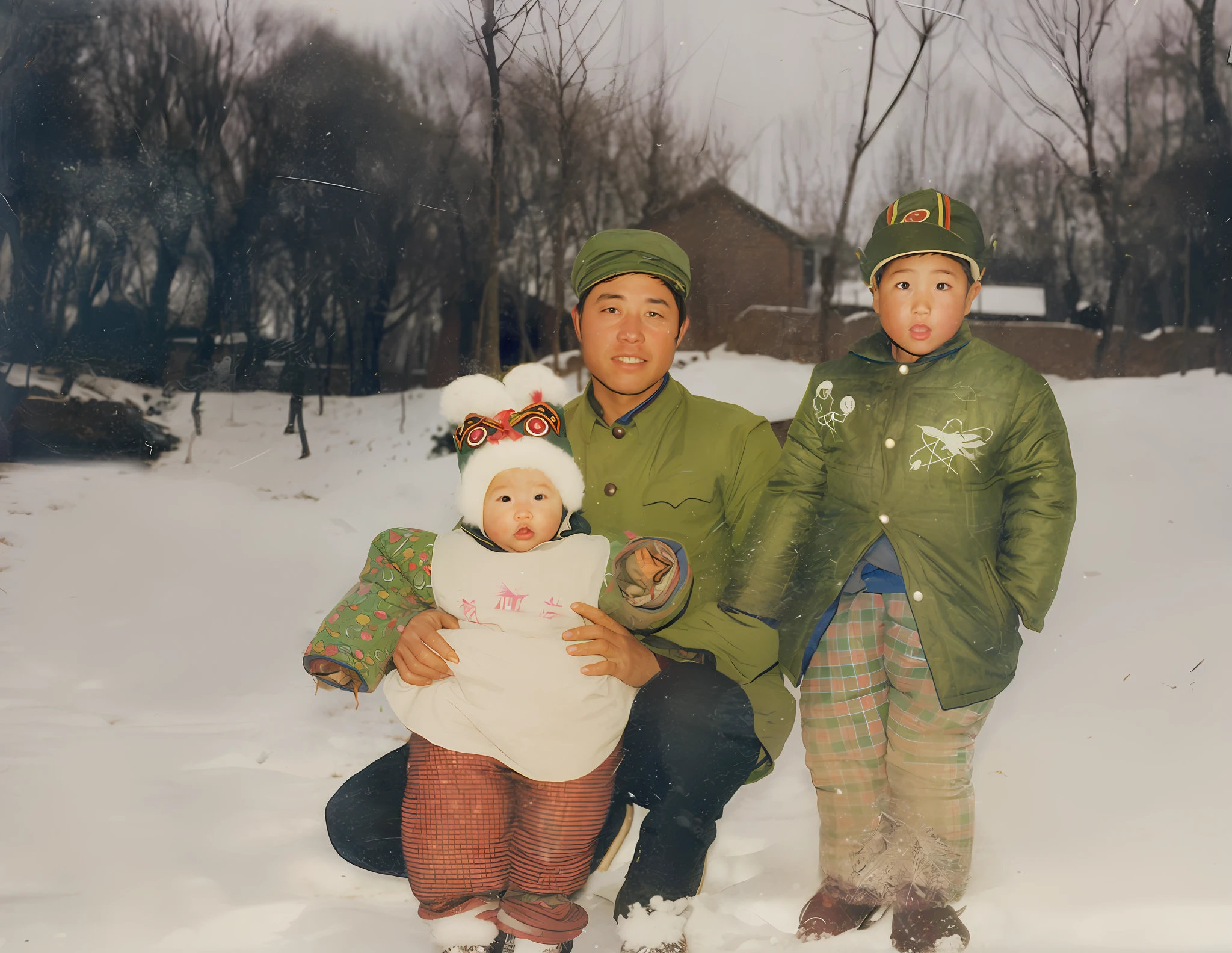 Two people with babies standing in the snow,90s wind,Green top