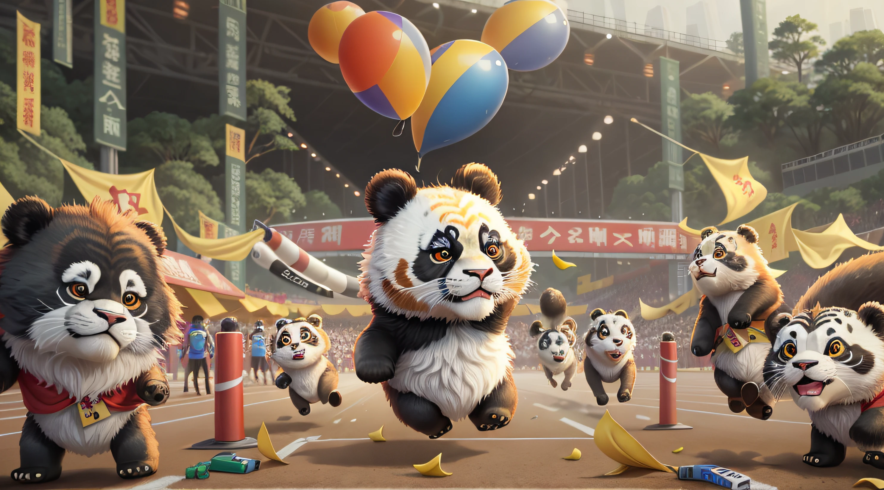 A scene,Chengdu's iconic stadium hosts an unprecedented event, Giant panda characters fly happily,The image of China's giant pandas cannot change,tigre,the Lion,giraffes,Zebras and various animals participate in the race,pixar-style,Chengdu Universiade,Cheer for the critters,The scene is lively,Motivating,The background is crowded,Games theme,The picture is high-definition and fine,64k, still from live action movie, frame from pixar movie, From the movie, Chipdale, official render, still from pixar movie, animated movie still, screenshots from movies