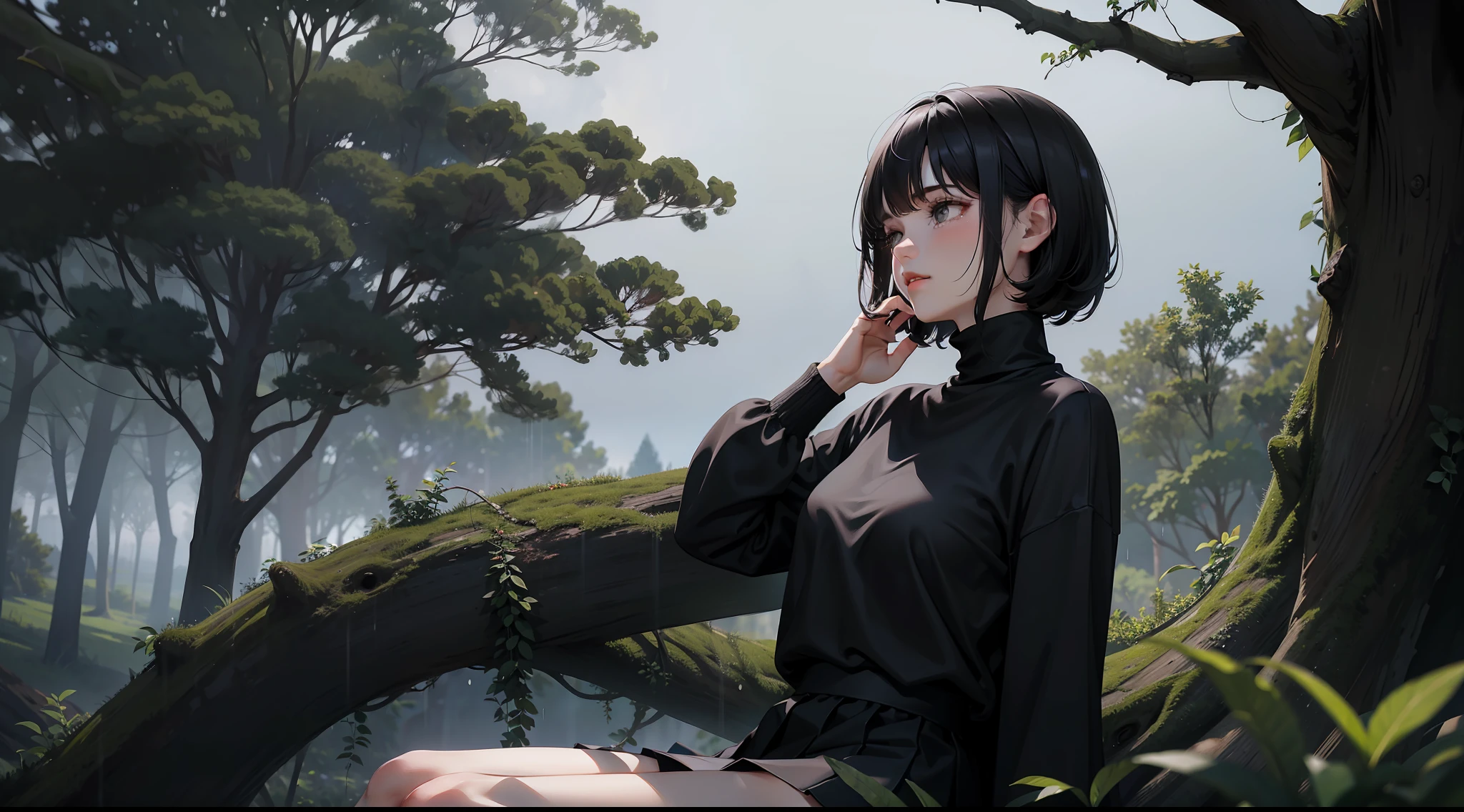 A teenage girl has short black hair, wearing black turtleneck sweater and a black short skirt and a gothic boots. She sits on a big old tree on top of a hill while tears dropping onto her cheeks longing and missing her lover. It's raining. (Illustration) (high resolution) (detailed art) she is looking at the sky as the rain falls on her face, sad atmosphere. Lots of trees behind her, she's sitting behind a big old tree, looking at the SKY