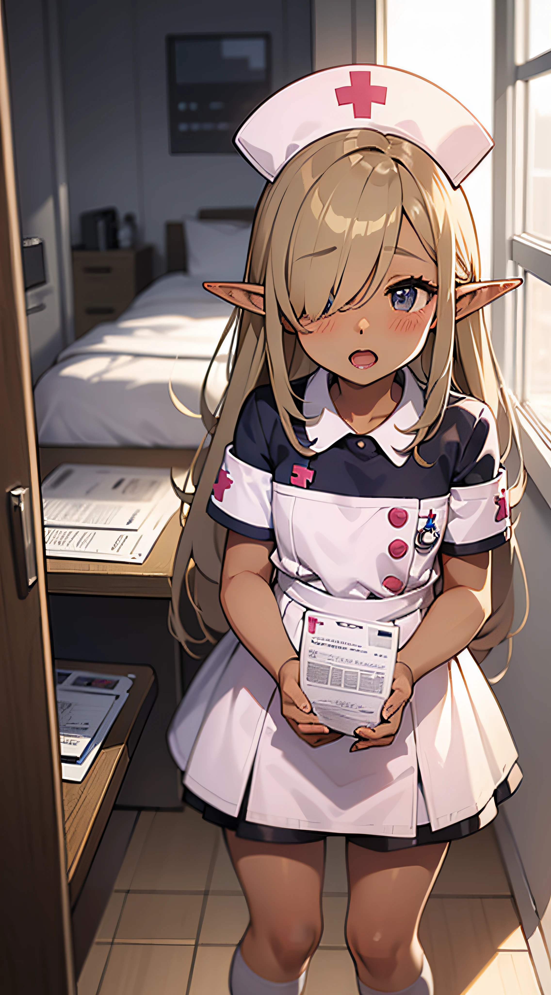 （darkskinned、skin tanned、elvish）、（（（hair over one eye）））、petite girl in、A girl child、very long bangs、straight haired、very long transverse hair、Open mouth:0.5、a blond、hospitals、flat chest、nurse's outfit、blush、Flat waist、closing eye、anime screen cap、Futomo、Nurse Cap、Have medical records、Stockings