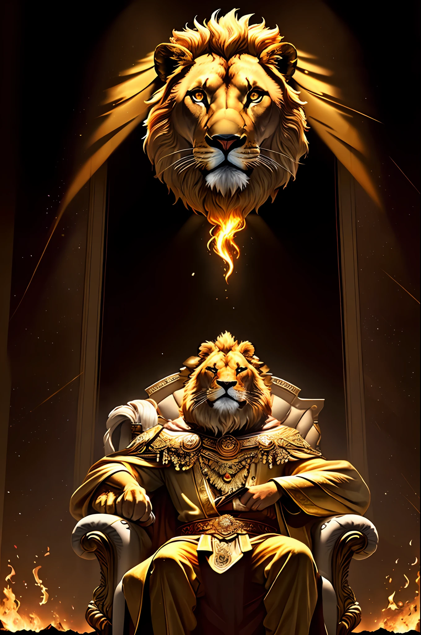 An royale King Lion full boby, background galaxy, magic 3D, full resolution style RTX with flaming eyes sitting on a throne, captured through Photography with a 35mm lens. Inspired by the artistry of National Geographic photographers, the scene portrays the majestic lion, regal and powerful. The color temperature is warm, with golden hues highlighting the lion's magnificence. The lion's eyes burn with intense flames, emanating a sense of authority and dominance. The lighting casts dramatic shadows, creating a captivating atmosphere, symmetrical, full boby, big angle, rtx, bobybuilder