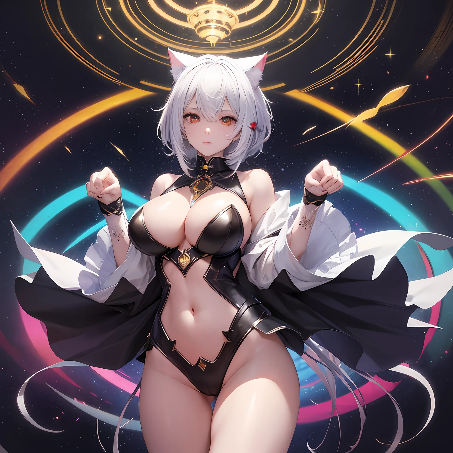 high image, super detail, high resolution, anime, manga, illustration, cat costume, claw pose, paw pose, covered with white cat hair, intelligent beauty, amorous expression, mysterious, embarrassed look, unkempt medium short white hair, sharp slit eyes, huge breasts, under boob, great proportion, perfect proportion, slender, full body, background Northern Renaissance style, fantasy, galaxy, magic circle, kaleidoscope, rainbow and gold neon light many lines, cyberpunk --auto