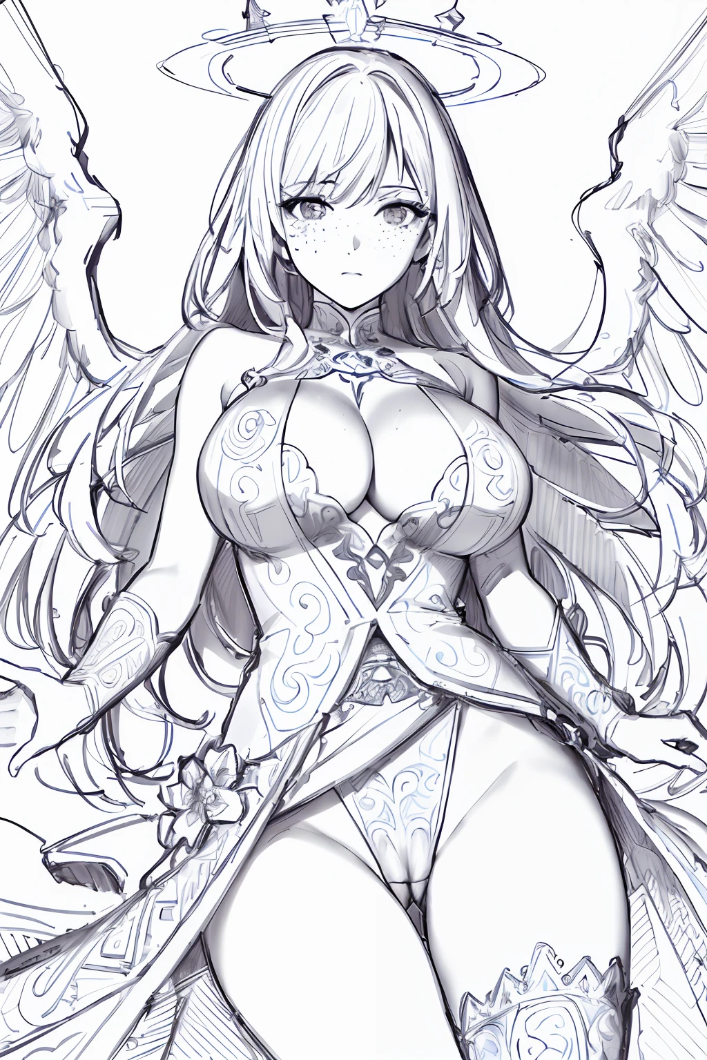 beautiful empress, detailed cat eye makeup, detailed face, detailed skin, mature body, tall body, seductive body, medium big breast, medium thigh, desert and pyramid backgrounds, phoenix in sky, holy ceremony, angelic halo, holy magic circle, crown , best quality, detailed eyes, masterpiece, trending on Artstation Detailed, Realistic, resolution concept art, masterpiece, best quality, (1girl), official art, illustration, ligne claire, perfect composition, absurdres, fantasy, focused, (clear clothing, transparent cloth, see-through material), (((cameltoe))), (freckles, huge breasts, nearly naked, underboob), thick but fit, blend of Natalie Dormer and Zendaya, silk robes, 25 yo, natural, amazing body, pronounced feminine feature, speaking, laughing, festival, (((no panties))), thigh gap, best quality, intricate details, ((lineart)), monochrome, 1girl, long hair, messy hair, sharp eyes, full body, Renaissance, cleavage, sexy pose, flirting with the camera, castle background, flower line drawing background, ((white background)), line drawing, ((((sketch, line art, (extremely intricate:1.2), sketch, doodles, monochrome, lineart:1.2)))) (by WLOP:1.3)