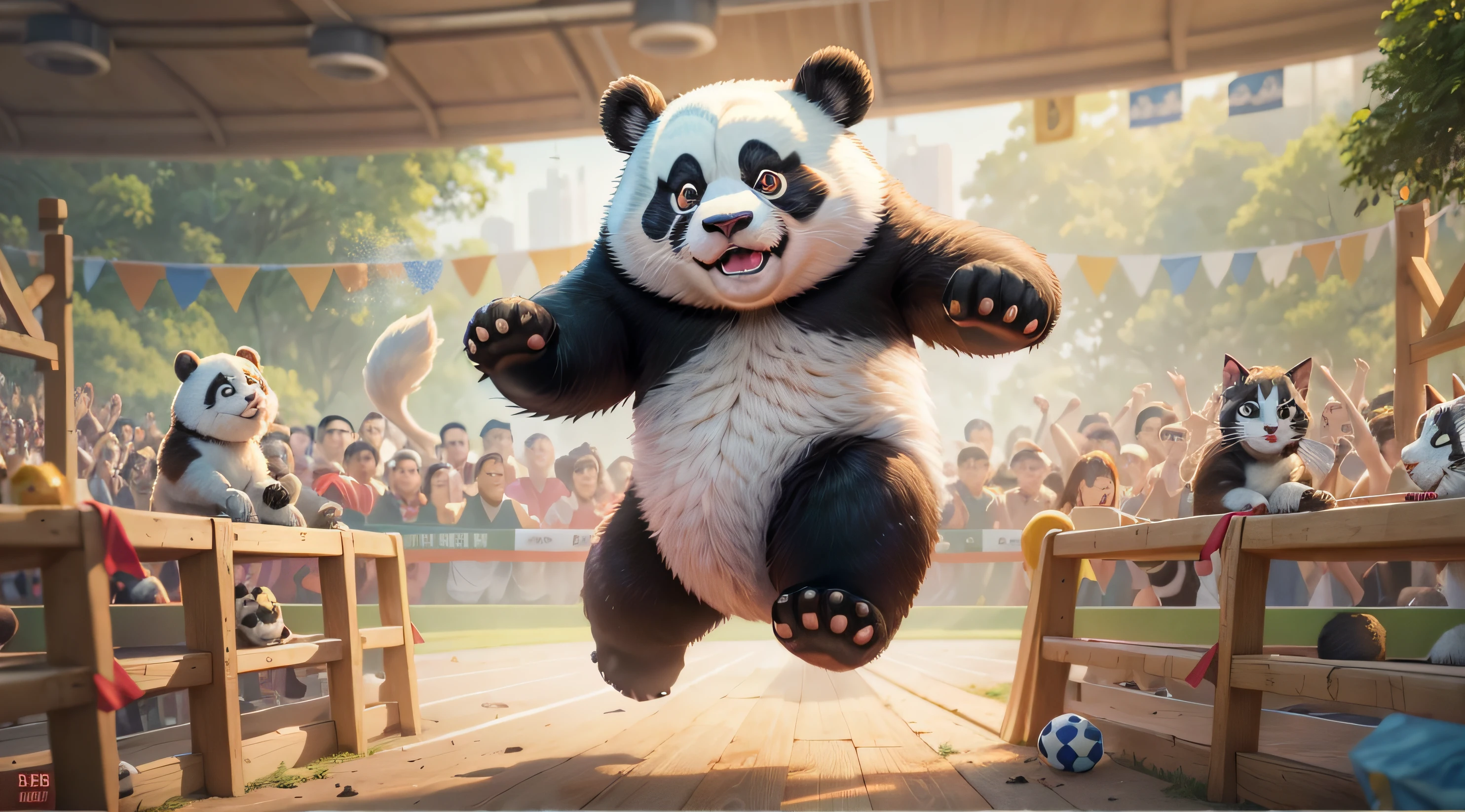 A scene,Chengdu's iconic stadium hosts an unprecedented event, Giant panda characters fly happily,Chinese giant panda,Doggy,Cats and various animals participate in the competition,Anthropomorphic expressions and movements,Chengdu Universiade,Cheer for the critters,The scene is lively,Motivating,The background is crowded,Games theme,The picture is high-definition and fine,64k, still from live action movie, frame from pixar movie, From the movie, Chipdale, official render, still from pixar movie, animated movie still, screenshots from movies