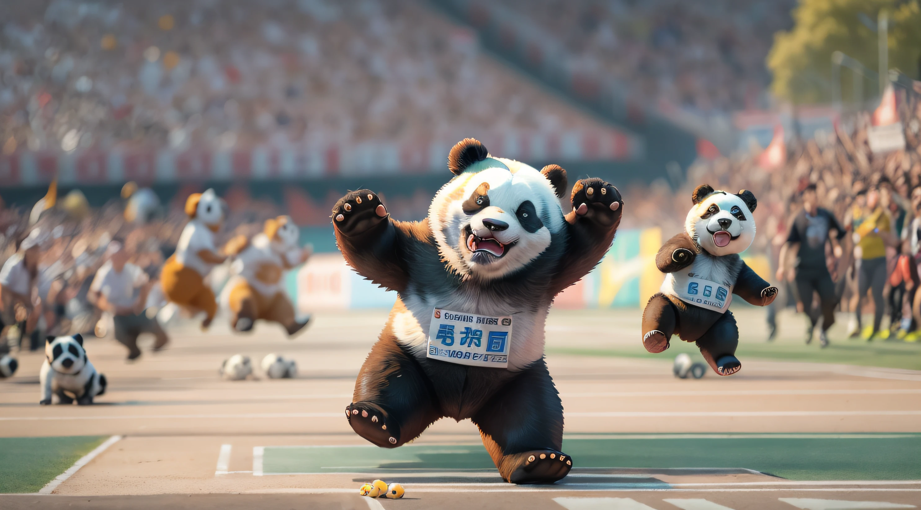 A scene,Chengdu's iconic stadium hosts an unprecedented event, Giant panda characters fly happily,Chinese giant panda,Doggy,Cats and various animals participate in the competition,Anthropomorphic expressions and movements,Chengdu Universiade,Cheer for the critters,The scene is lively,Motivating,The background is crowded,Games theme,The picture is high-definition and fine,64k, still from live action movie, frame from pixar movie, From the movie, Chipdale, official render, still from pixar movie, animated movie still, screenshots from movies