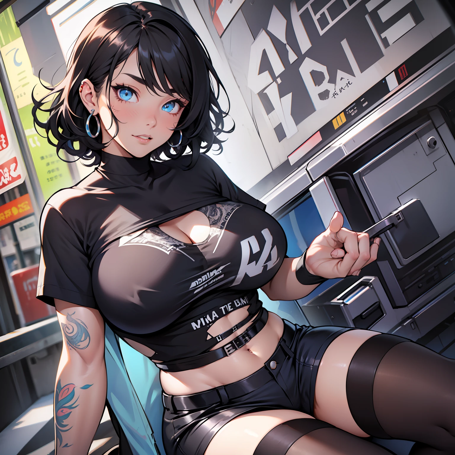 Beautiful female, short hair, black hair, curly hair, blue eyes, chubby female, doe eyes, piercings, tattoos, wearing thigh highs, oversized shirt, black shirt, blue thigh highs, ecstasy expression