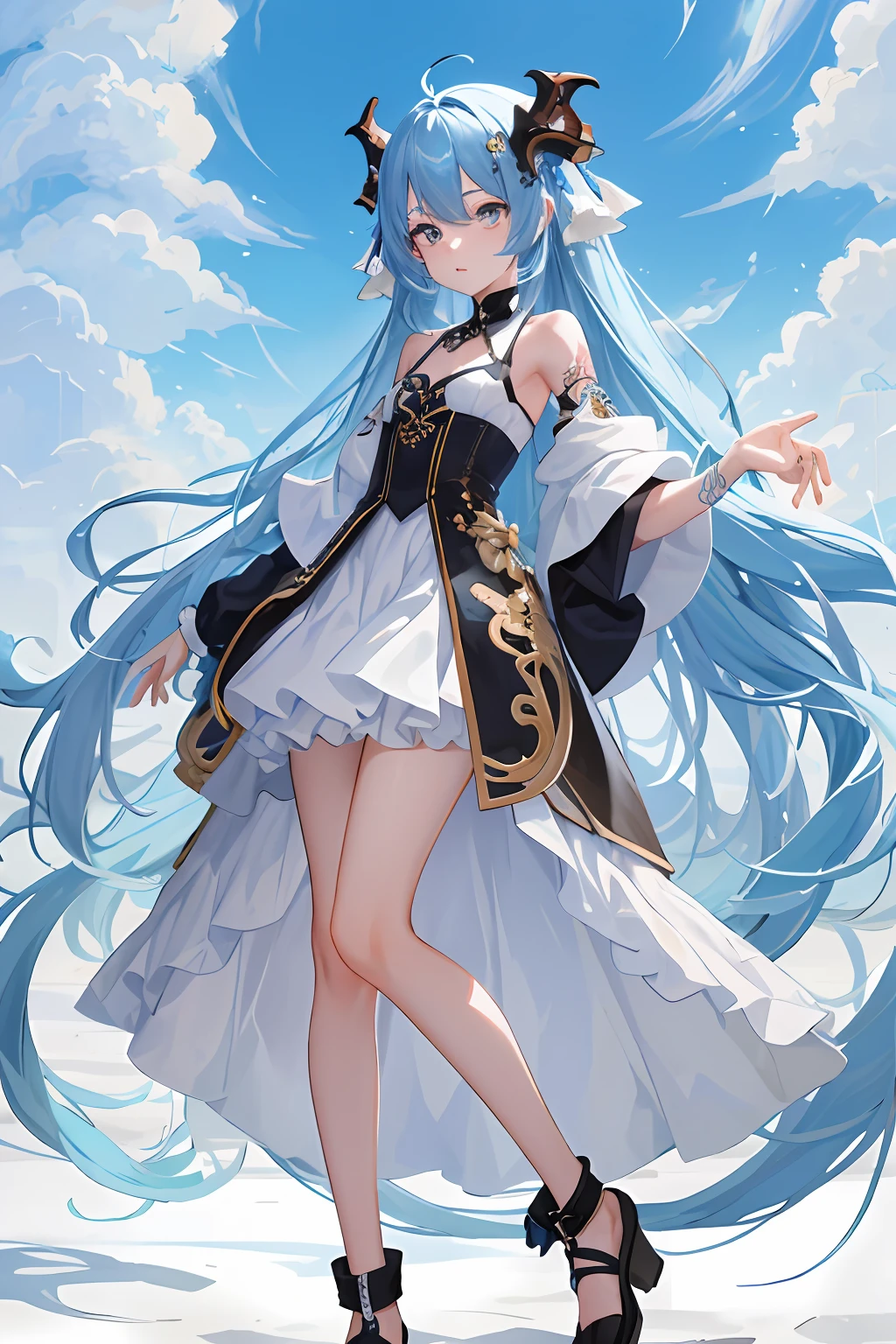 tmasterpiece,Need,absurderes,perfectanatomy,standing on your feet,1girl,独奏,arm tattoos,Bare shoulders,无袖,shift dresses,dragon girl,Dragon's horn,jewely,coda,Long sky blue hair,
