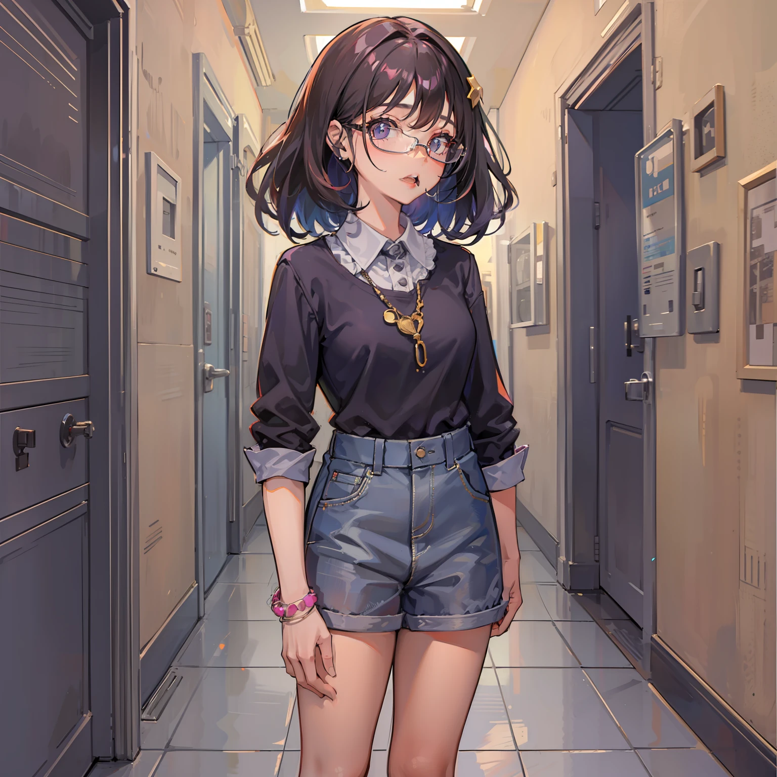 , adolescente, cabelo roxo e pequeno, cabelo com franja, pulseira com pulseiras, comendo doce, Girl with glasses, vestimenta formal full body, Standing in a hallway