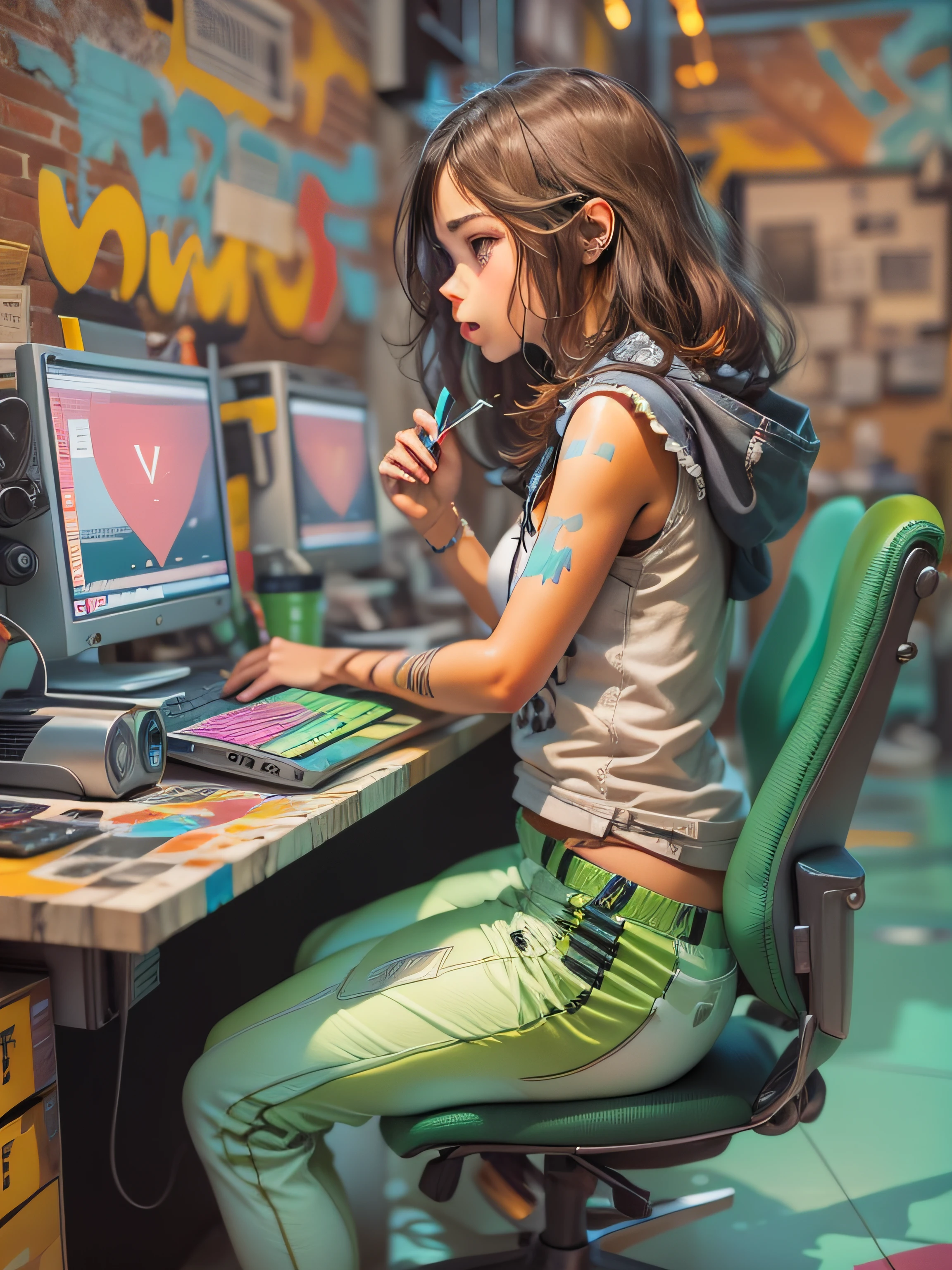 Vector, Print-ready colorful graffiti, illustartion: Girl sitting at the computer, action shot, high detail, whitebackground